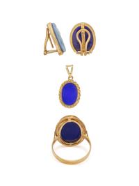 COLLECTION OF BLUE AGATE CAMEO JEWELRY