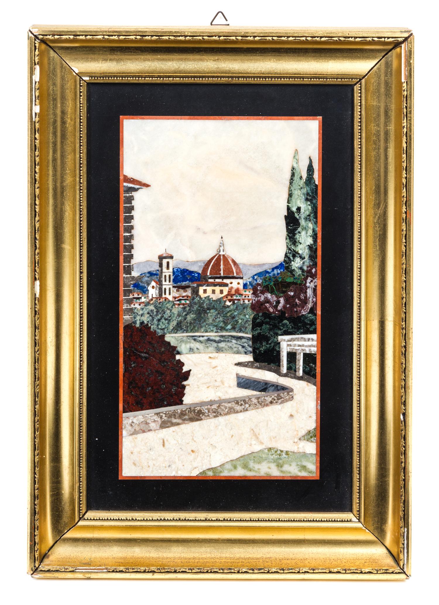 An Italian Pietra Dura Plaque Height overall 14 1/2 x width 9 3/4 inches.