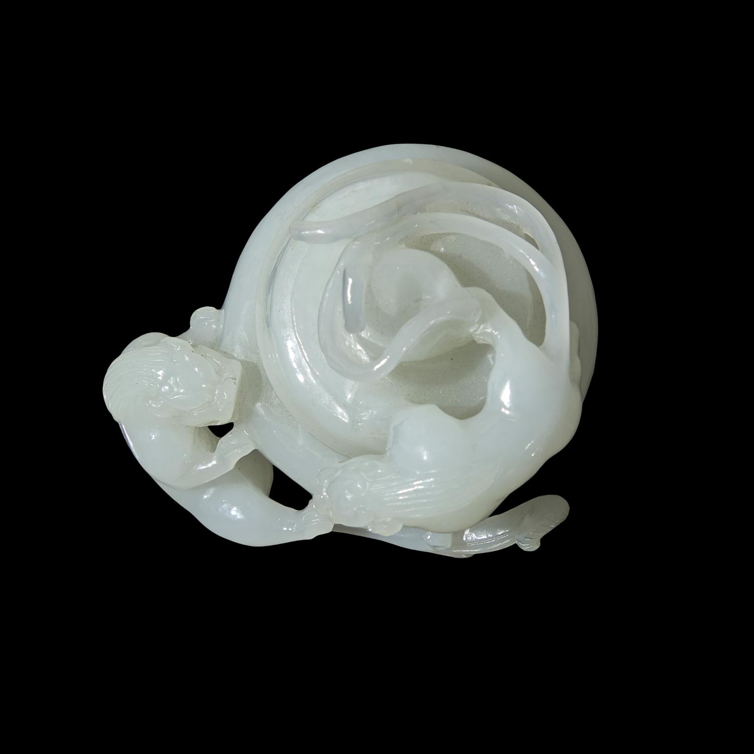 A Small Chinese Carved White Jade ' Qilong' Covered Jar 白玉螭龍蓋罐