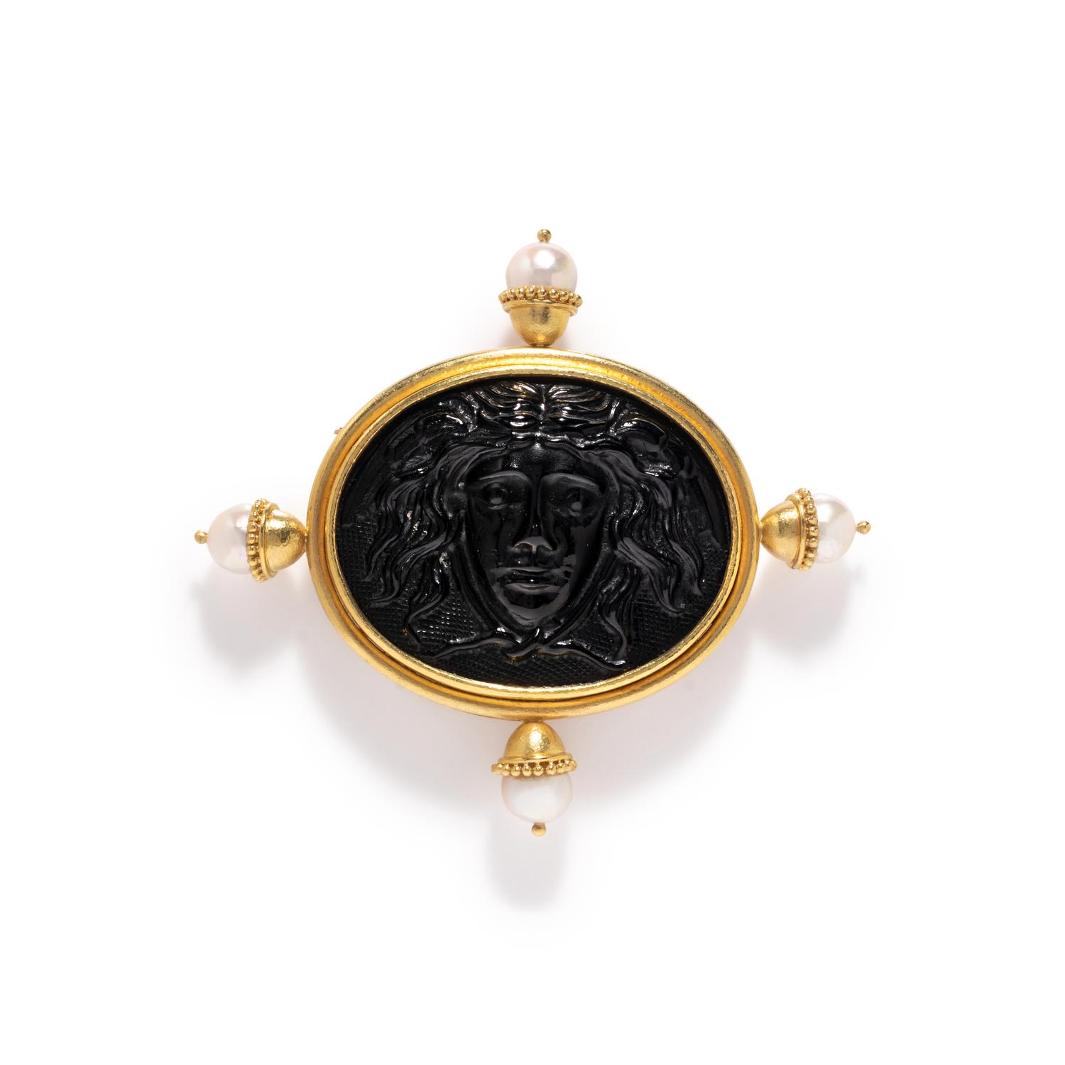 ELIZABETH LOCKE, YELLOW GOLD, CULTURED PEARL AND GLASS CAMEO BROOCH