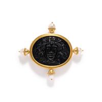 ELIZABETH LOCKE, YELLOW GOLD, CULTURED PEARL AND GLASS CAMEO BROOCH