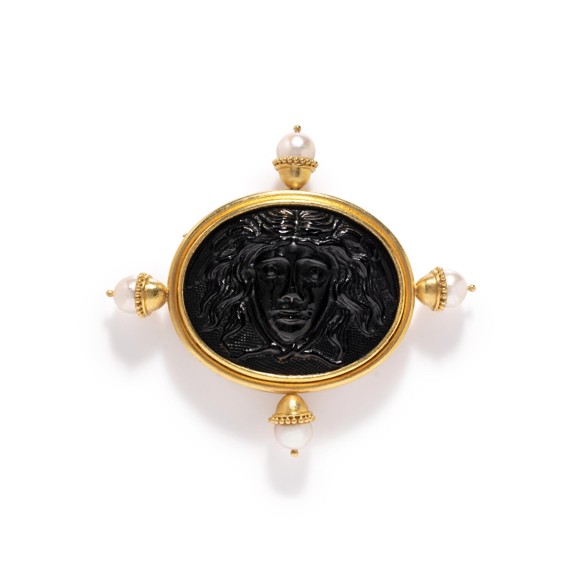 ELIZABETH LOCKE, YELLOW GOLD, CULTURED PEARL AND GLASS CAMEO BROOCH