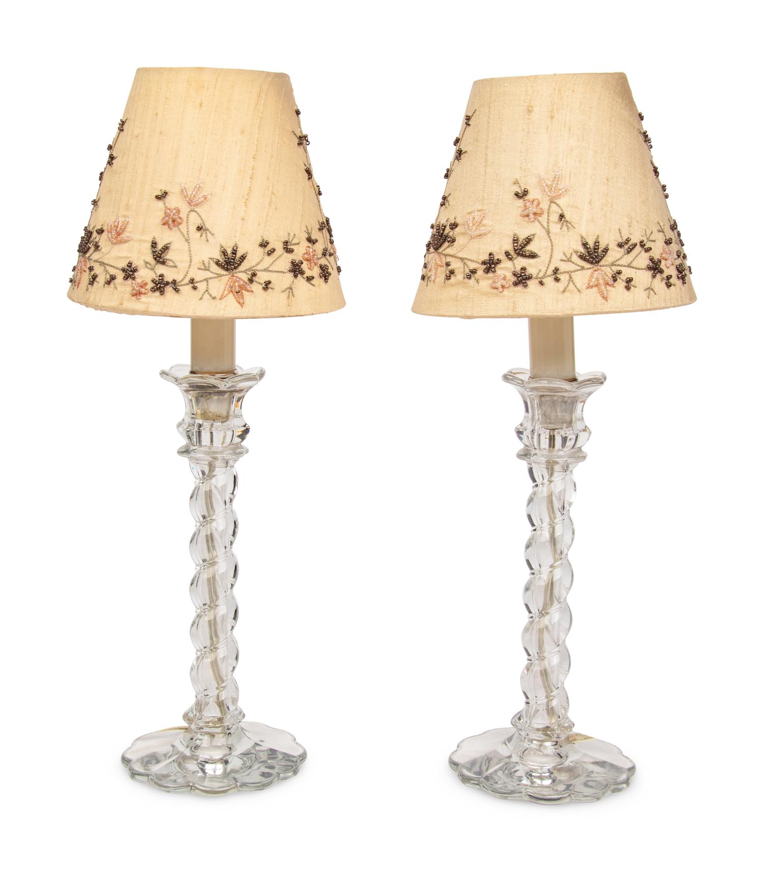A Pair of Molded Glass Candlesticks Mounted as Lamps