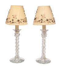 A Pair of Molded Glass Candlesticks Mounted as Lamps