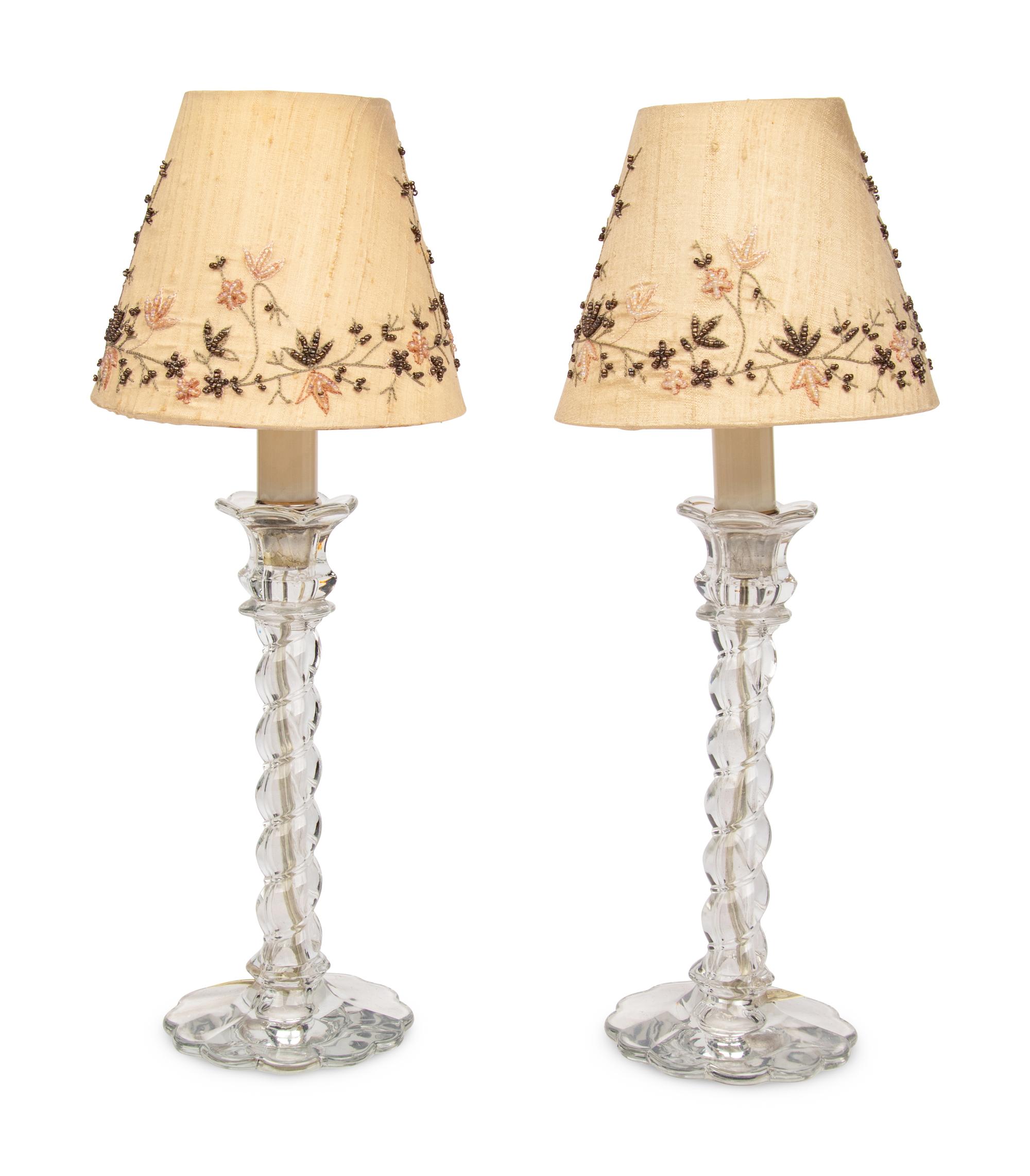 A Pair of Molded Glass Candlesticks Mounted as Lamps
