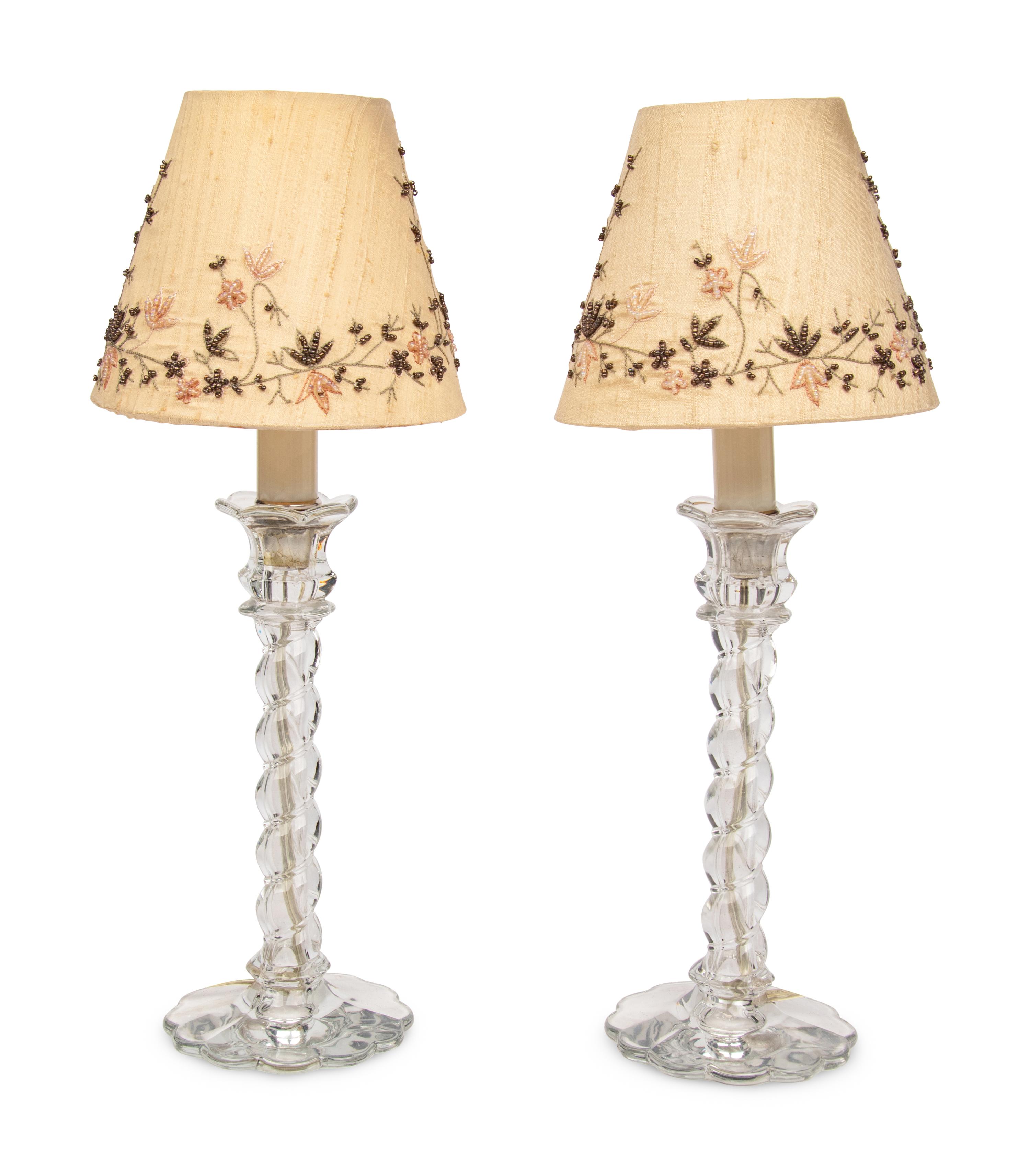 A Pair of Molded Glass Candlesticks Mounted as Lamps