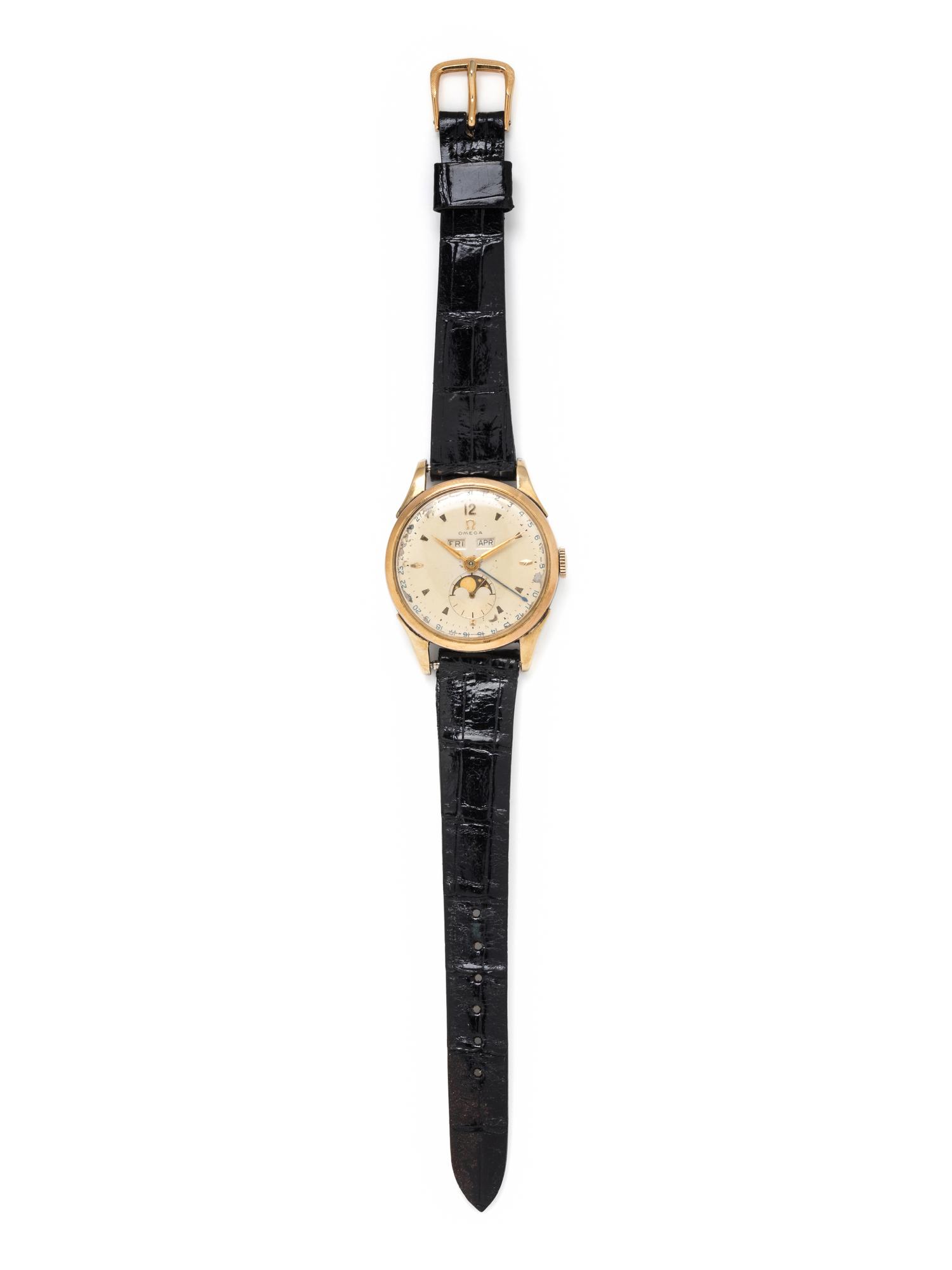 OMEGA, VINTAGE, REF. 2606-1 STEEL AND GOLD-PLATED TRIPLE DATE MOON PHASE 'MUSEUM COSMIC' WRISTWATCH