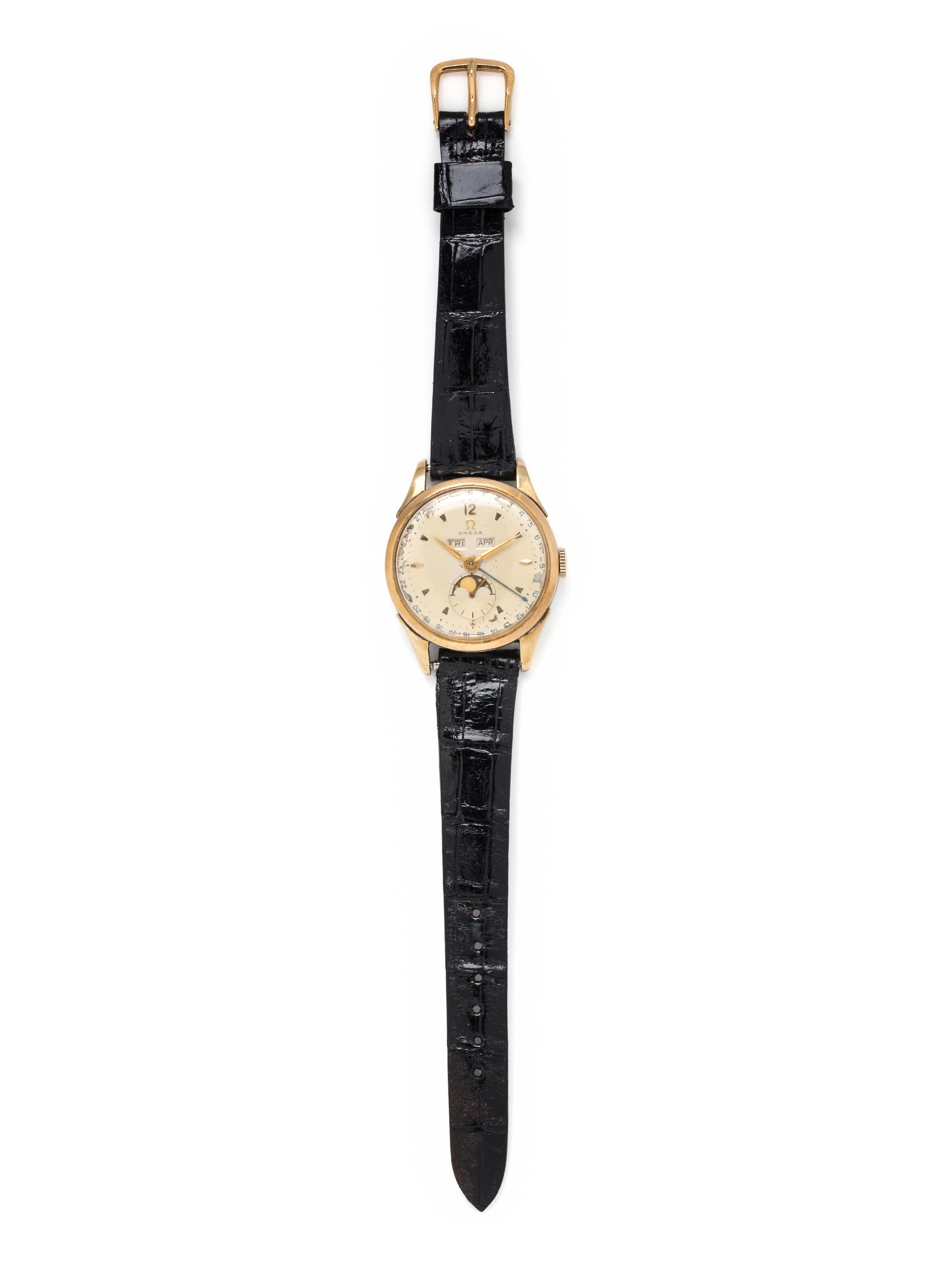 OMEGA, VINTAGE, REF. 2606-1 STEEL AND GOLD-PLATED TRIPLE DATE MOON PHASE 'MUSEUM COSMIC' WRISTWATCH