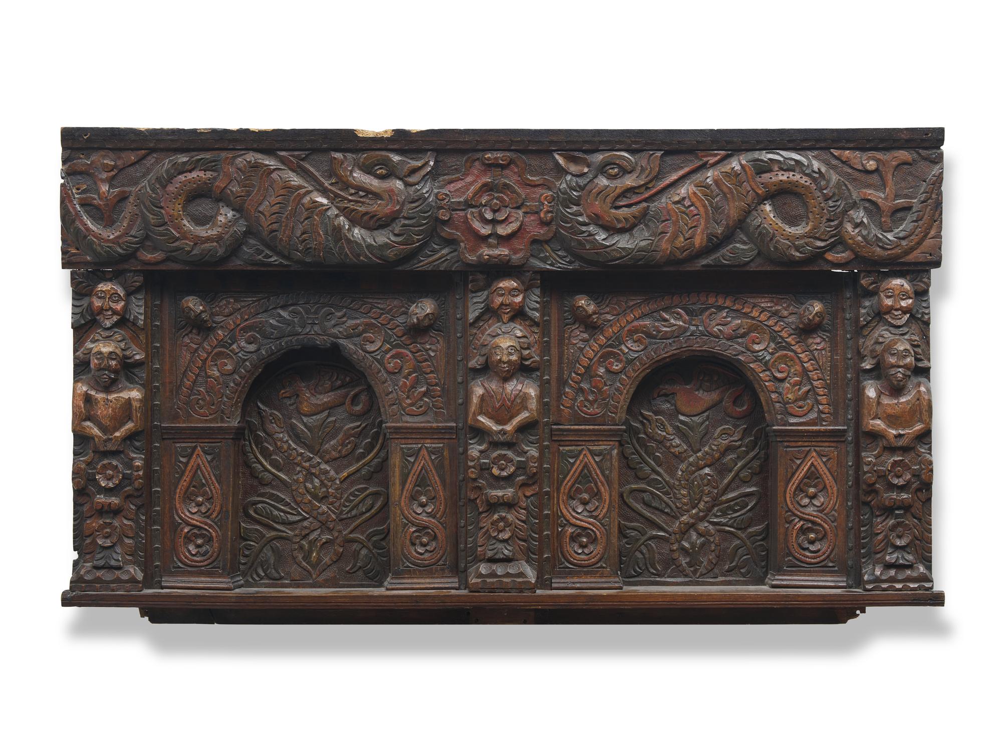 A Charles II Carved Oak and Polychrome Decorated Panel