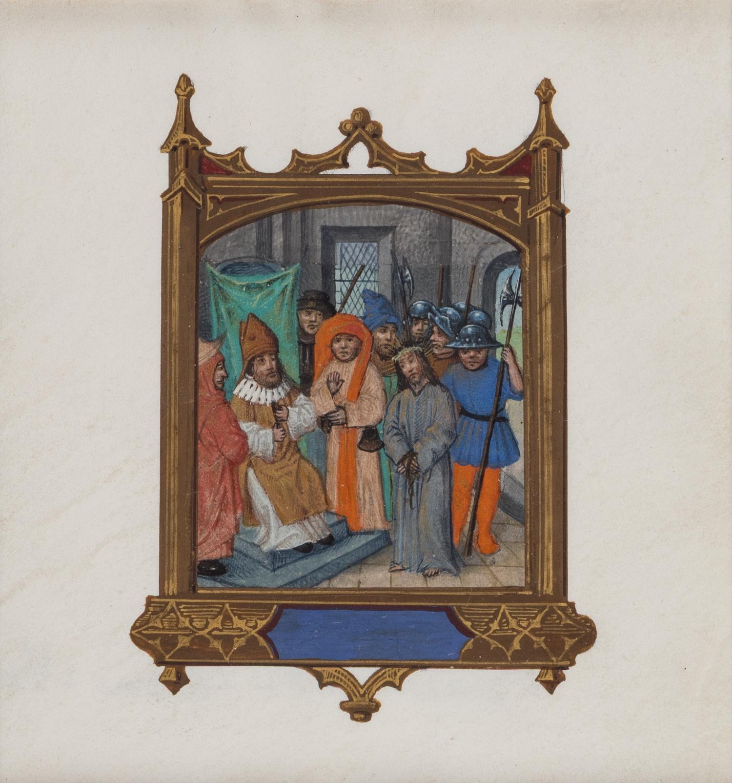 CIRCLE OF SIMON BENING (Bruges, c. 1483-1561) AND CALEB WILLIAM WING (1801-1875) Single leaf, Christ before Caiaphas , tempera on vellum (c. 117 x 90 mm, sheet; c. 65 x 60 mm, outer edge of Gothic frame), Bruges, c. 1525, and London, c. 1850.