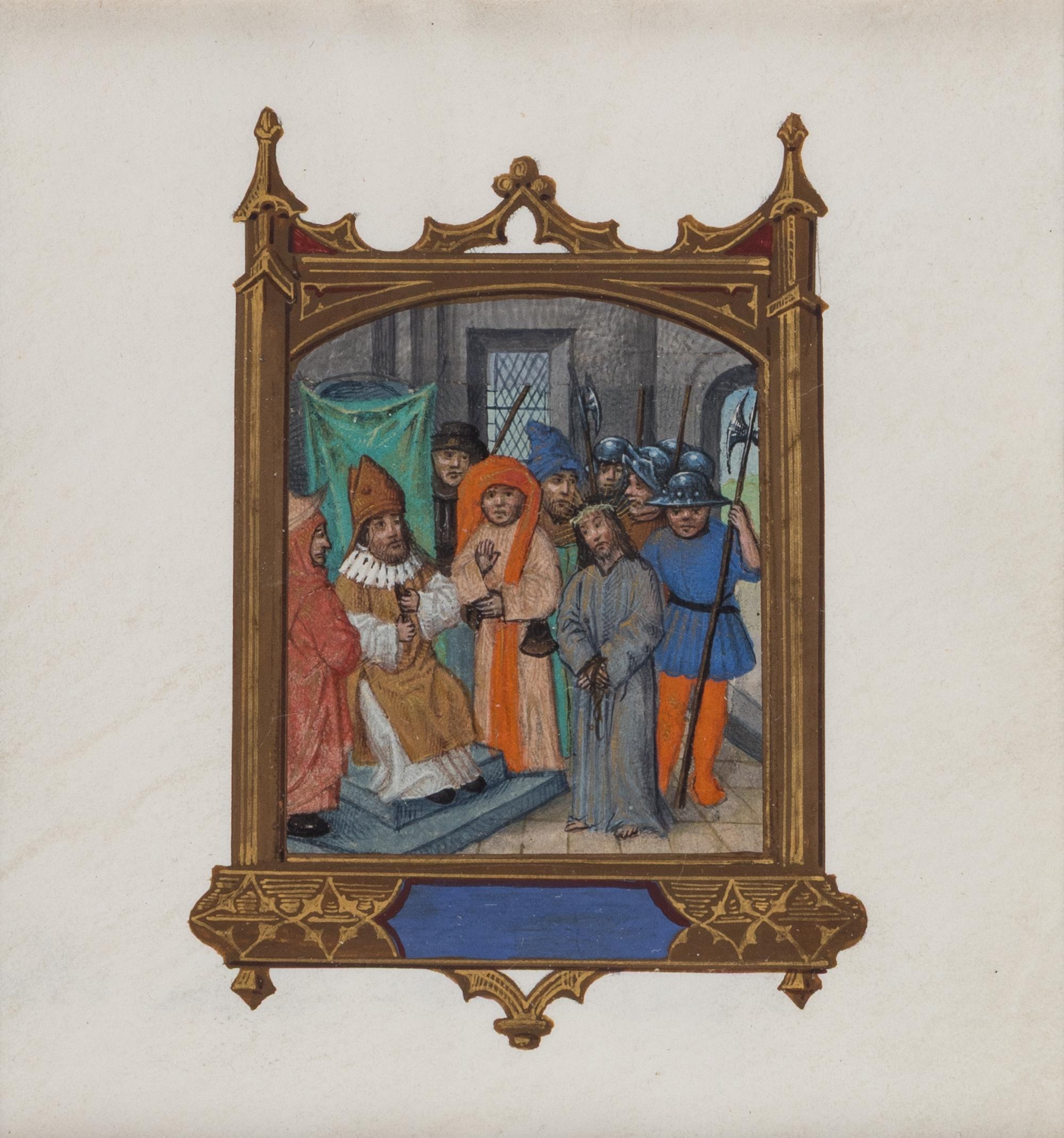 CIRCLE OF SIMON BENING (Bruges, c. 1483-1561) AND CALEB WILLIAM WING (1801-1875) Single leaf, Christ before Caiaphas , tempera on vellum (c. 117 x 90 mm, sheet; c. 65 x 60 mm, outer edge of Gothic frame), Bruges, c. 1525, and London, c. 1850.
