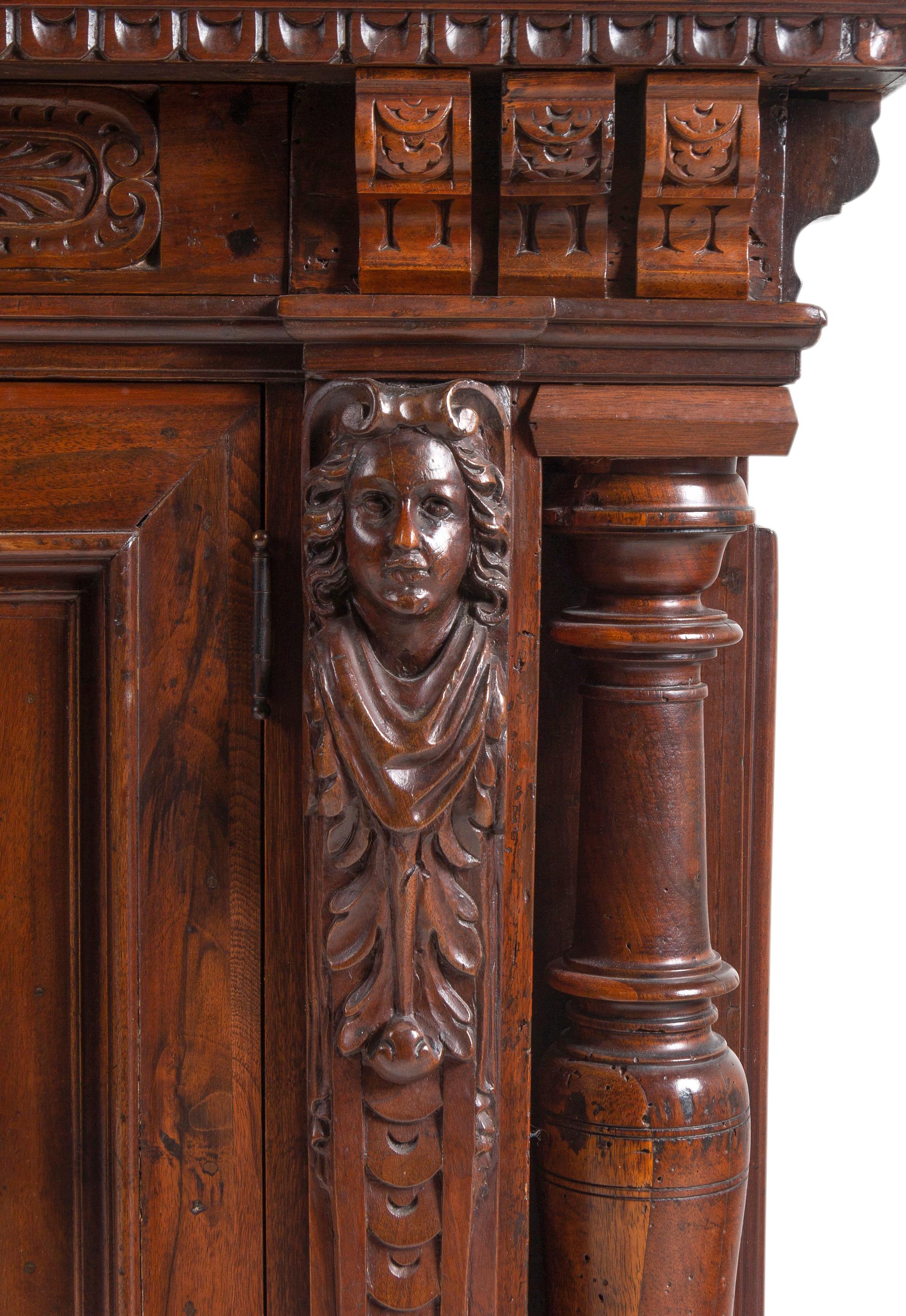 An Italian Baroque Style Carved Walnut and Burl Walnut Fall-Front Bureau Cabinet