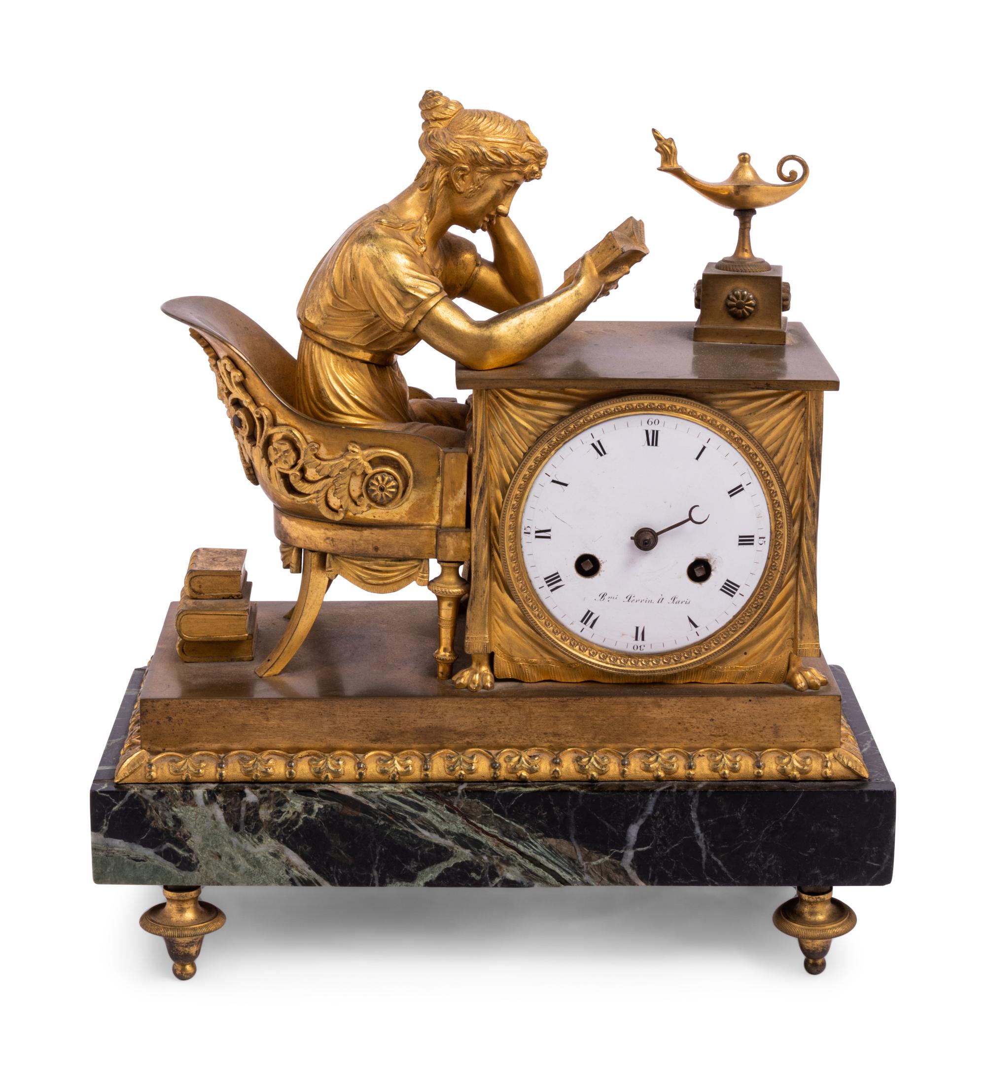 An Empire Gilt Bronze and Marble Figural Mantel Clock