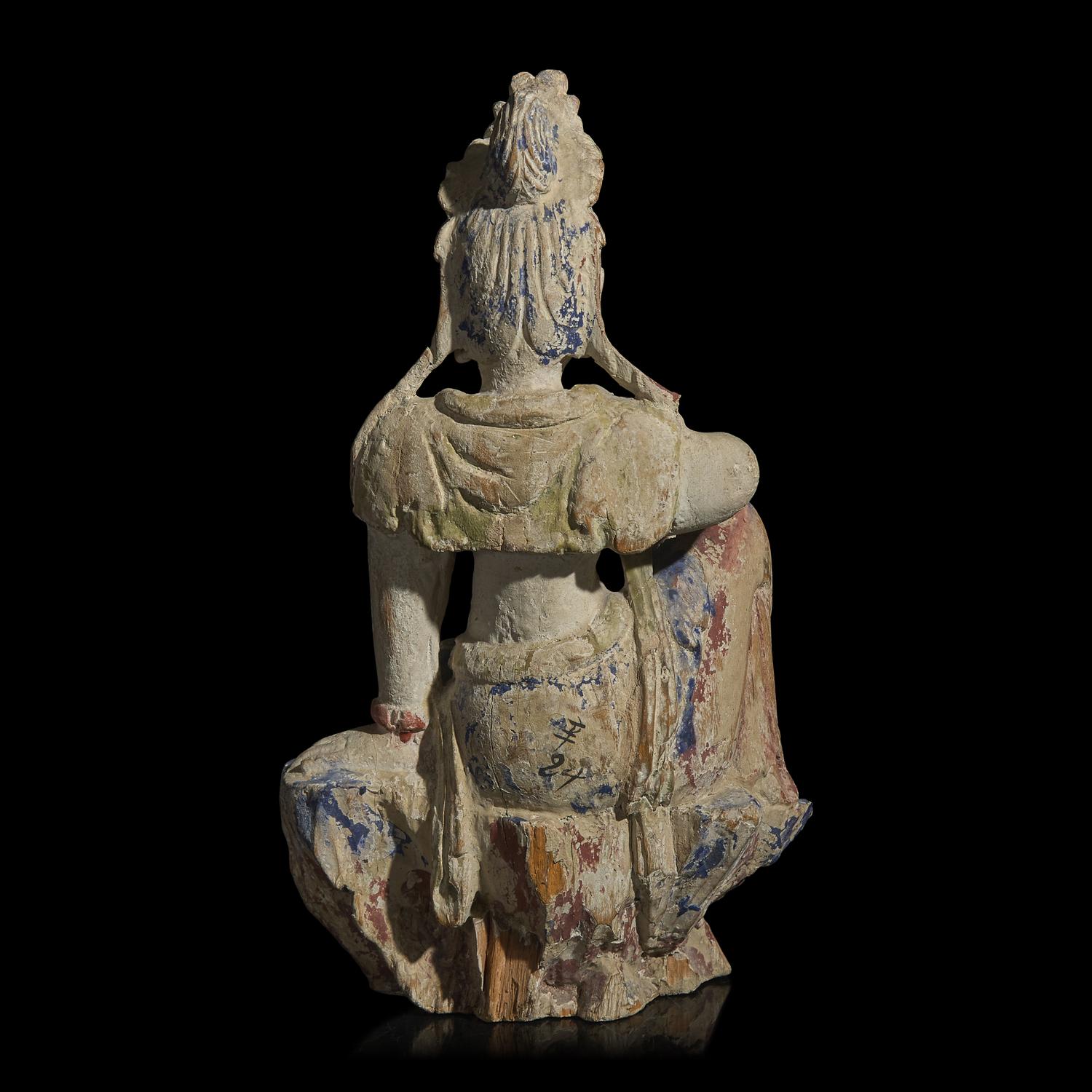 A Chinese Polychrome Painted Wood Figure of Guanyin 彩繪木雕觀音坐像