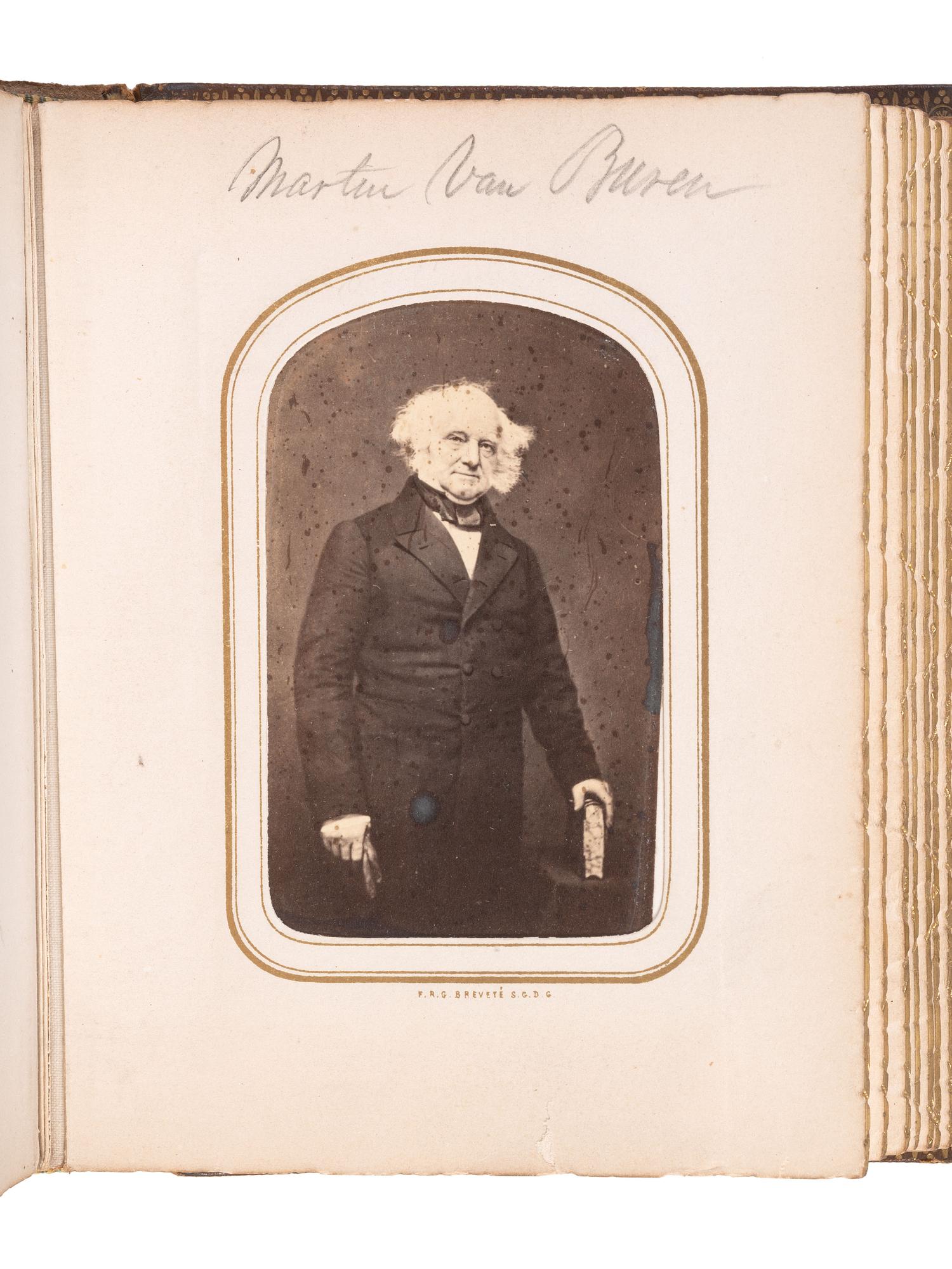 [LINCOLNIANA]. Album containing 50 CDVs of personalities from the US and abroad, featuring the Abraham Lincoln "Cooper Union" pose by Mathew Brady.