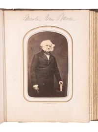 [LINCOLNIANA]. Album containing 50 CDVs of personalities from the US and abroad, featuring the Abraham Lincoln "Cooper Union" pose by Mathew Brady.
