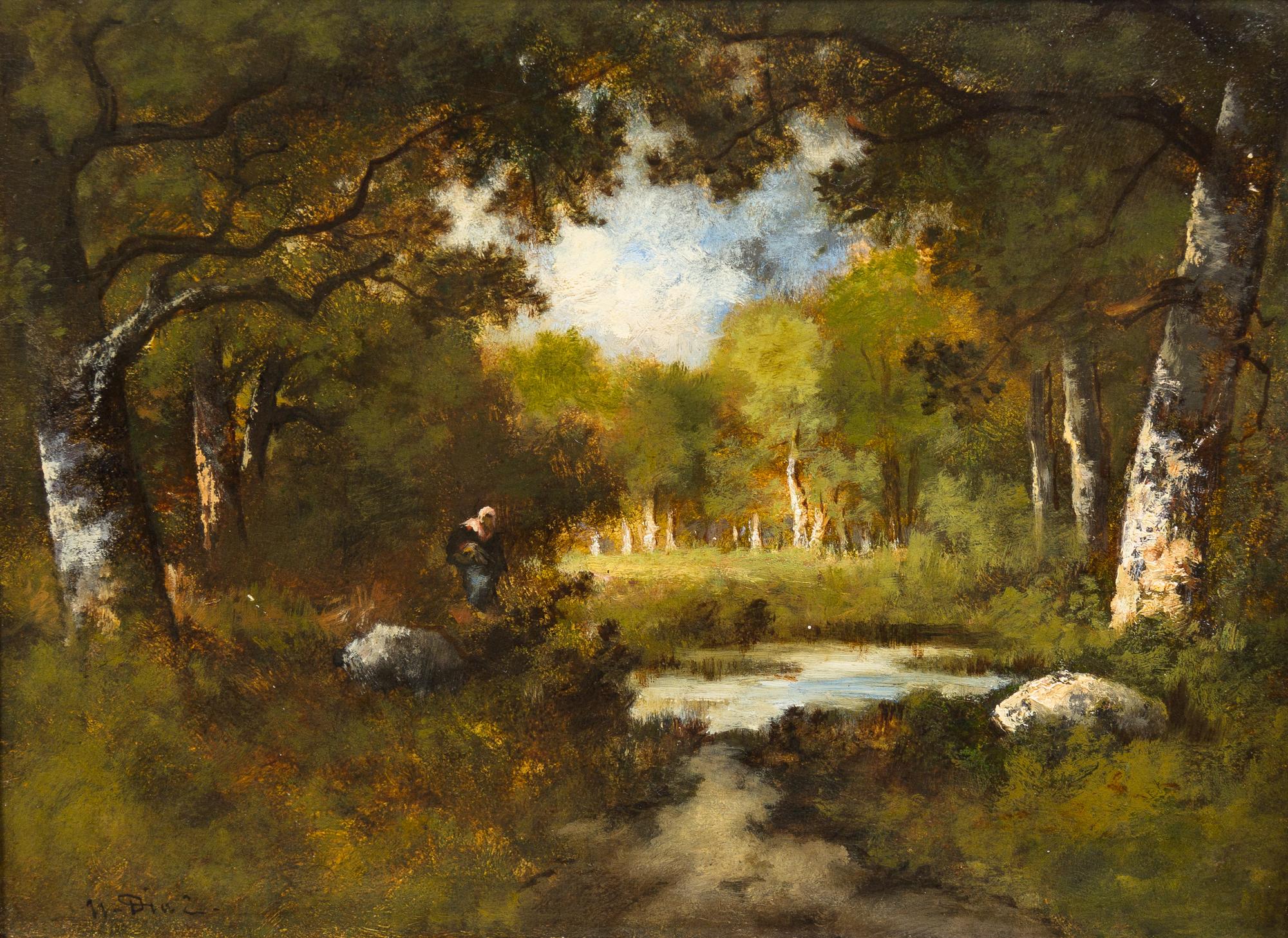 Narcisse Virgile Diaz de la Pena, (French, 1807-1876), Mare a l'entree d'un bois