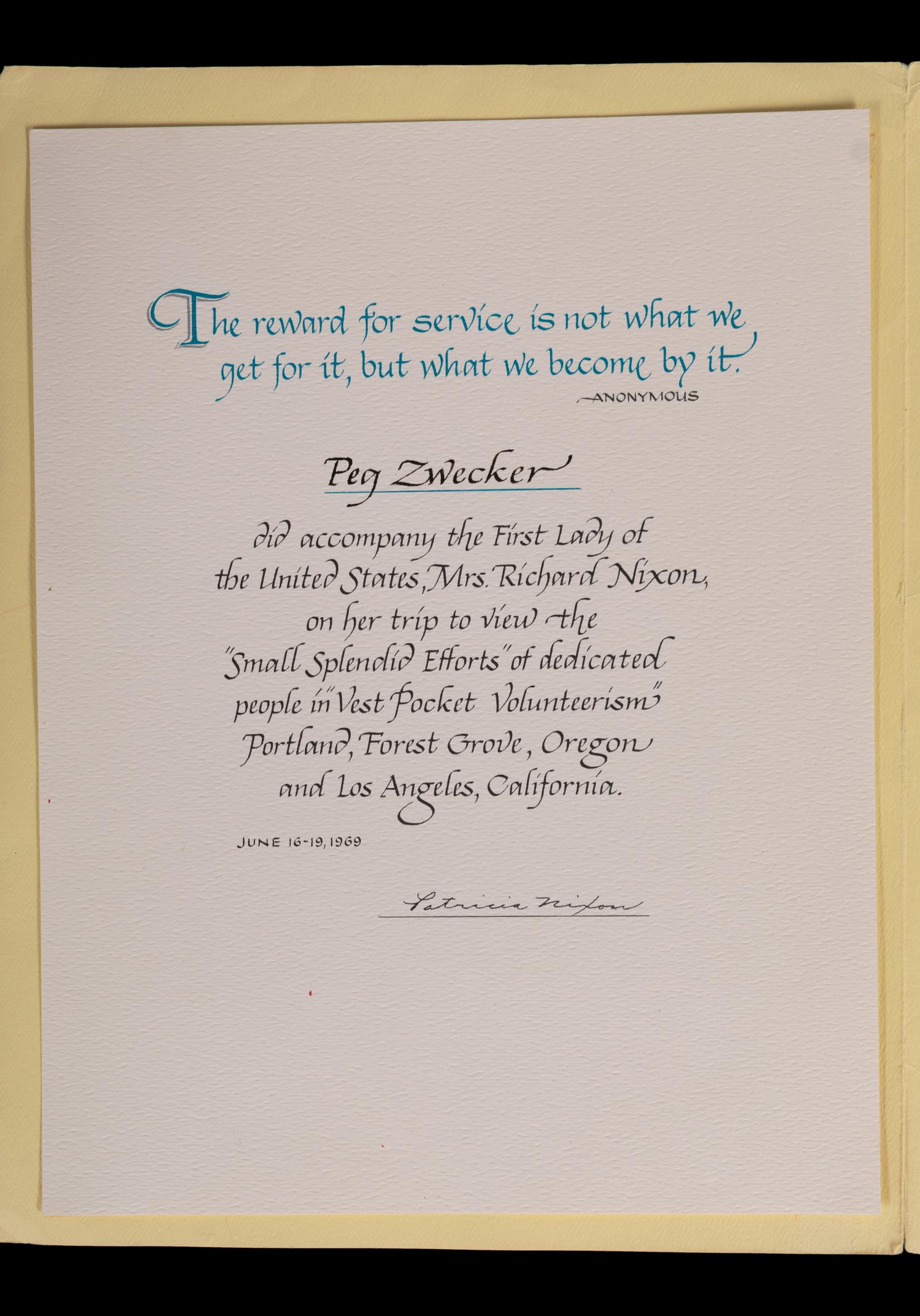 (Politics) NIXON, Patricia Ryan (1912-1993). A group of 10 letters between Peg Zwecker, Pat Nixion, and the Nixon Whitehouse Staff.