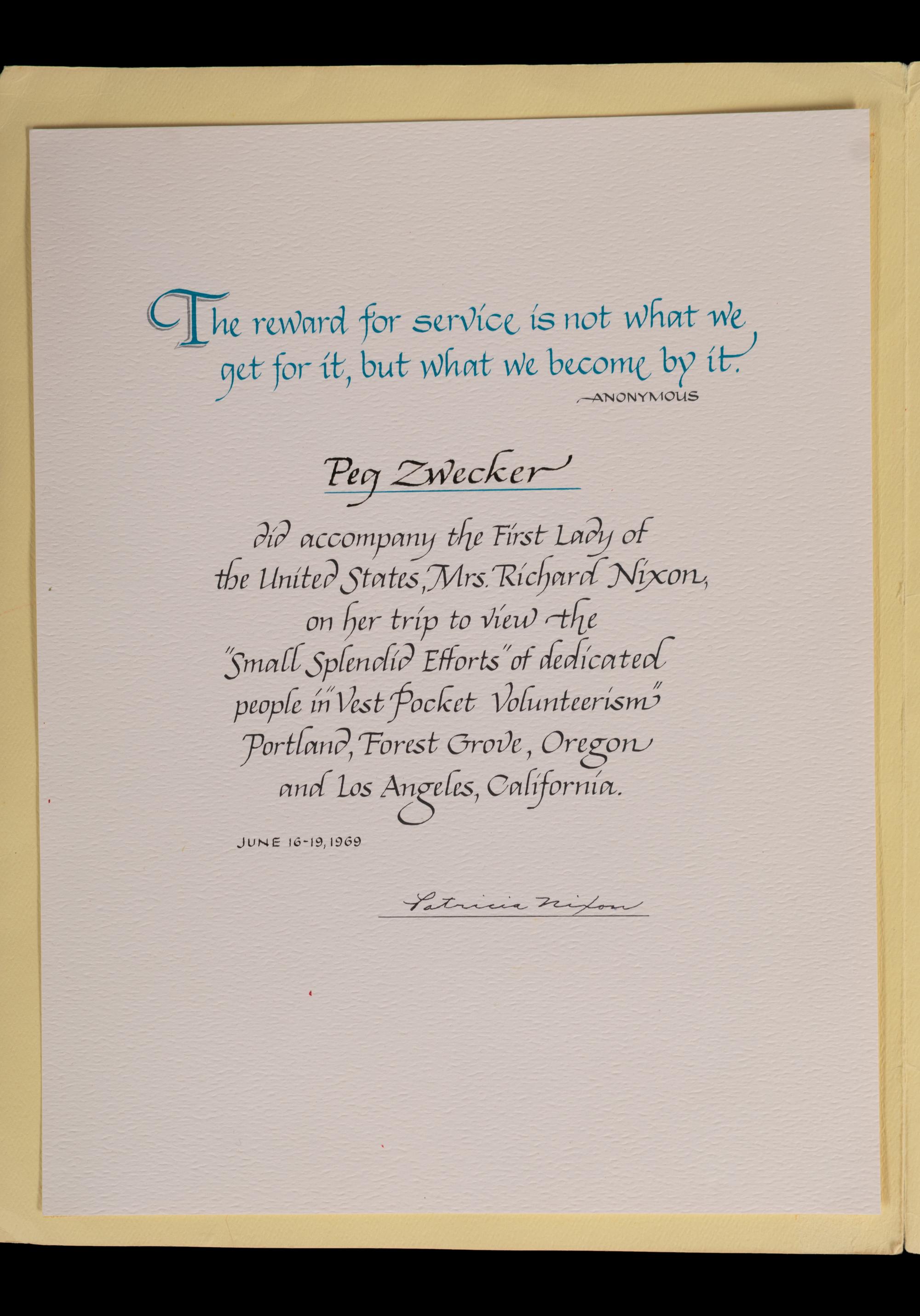 (Politics) NIXON, Patricia Ryan (1912-1993). A group of 10 letters between Peg Zwecker, Pat Nixion, and the Nixon Whitehouse Staff.