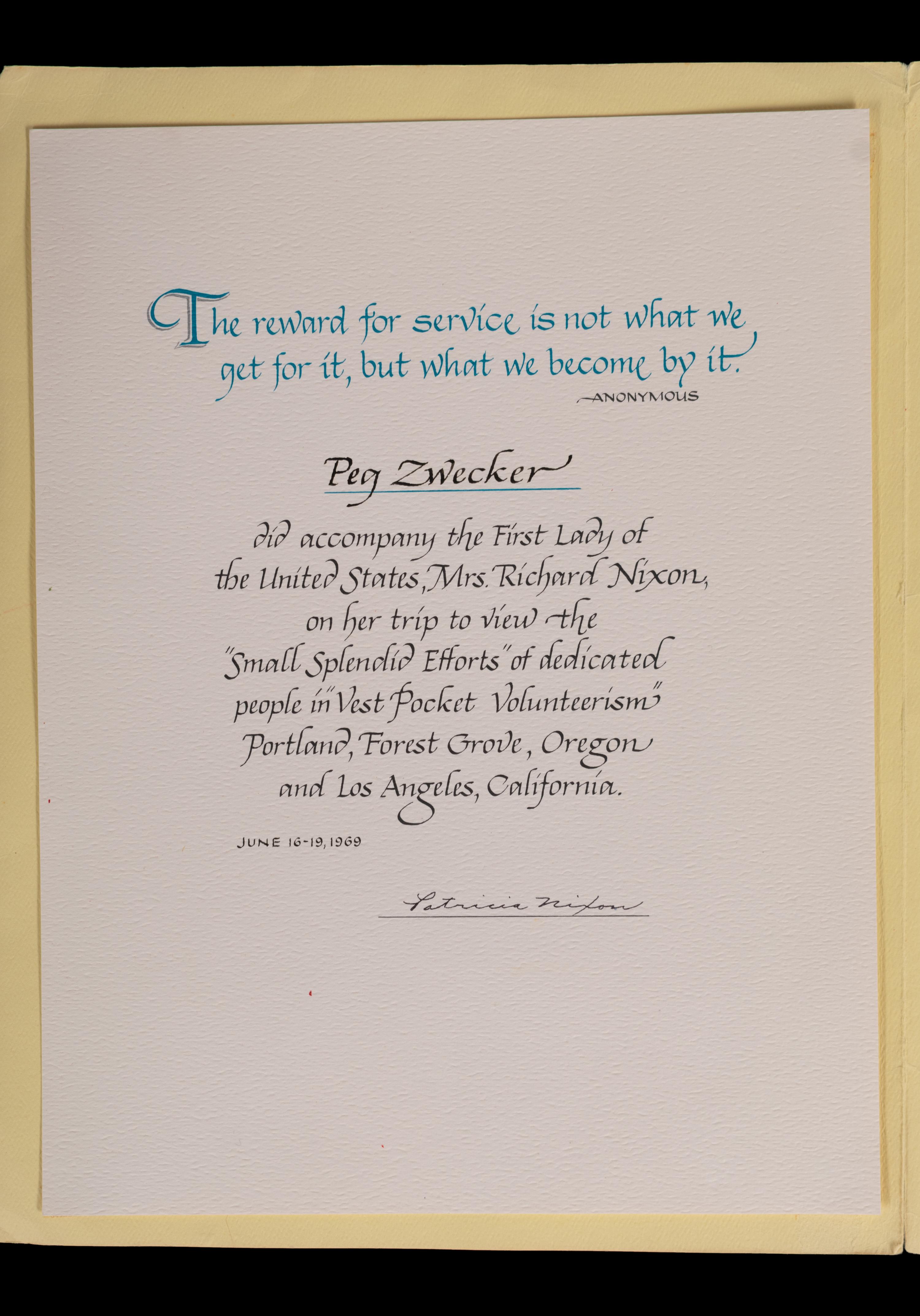 (Politics) NIXON, Patricia Ryan (1912-1993). A group of 10 letters between Peg Zwecker, Pat Nixion, and the Nixon Whitehouse Staff.