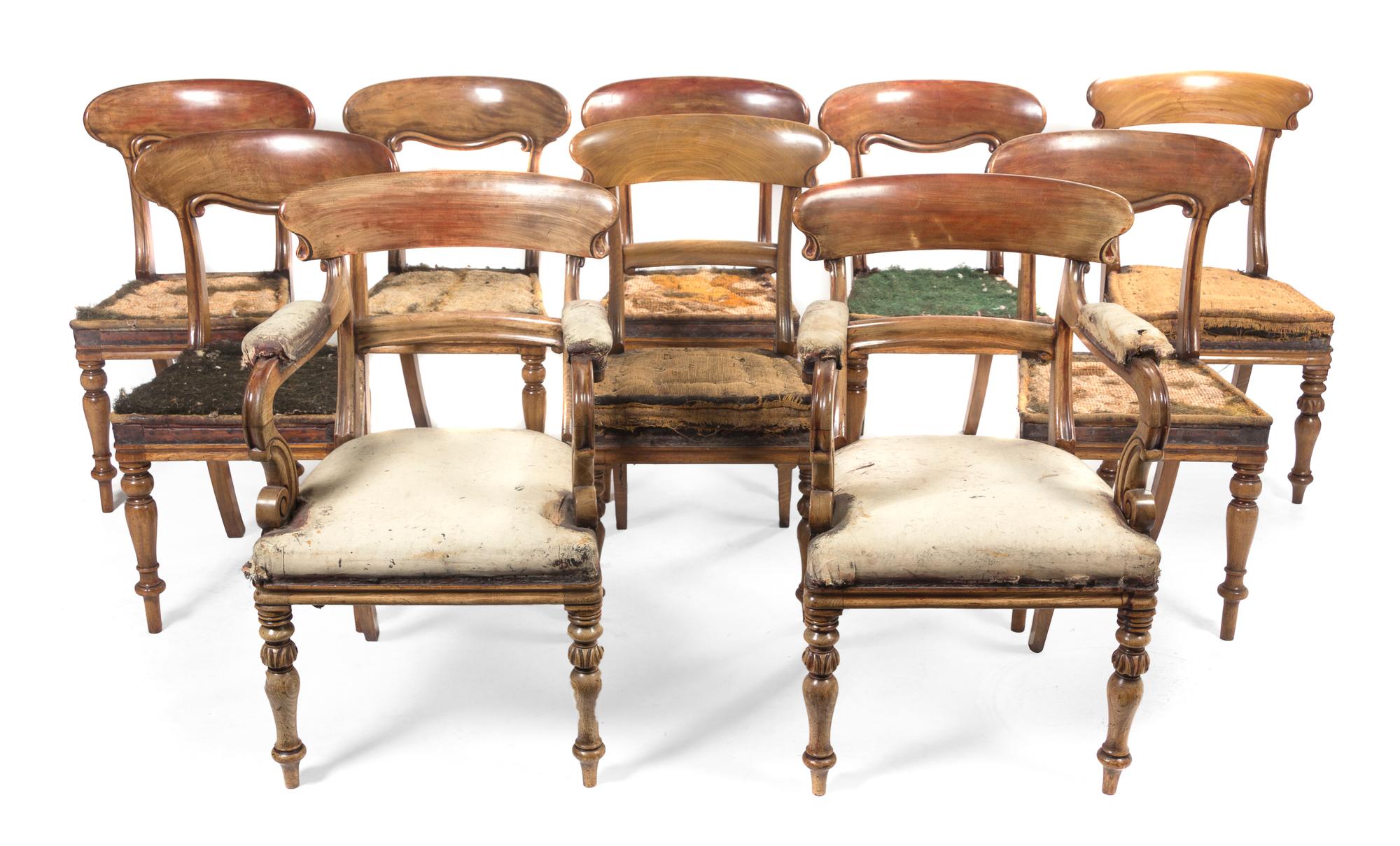 A Set of Ten Regency Mahogany Dining Chairs, Height 35 inches.