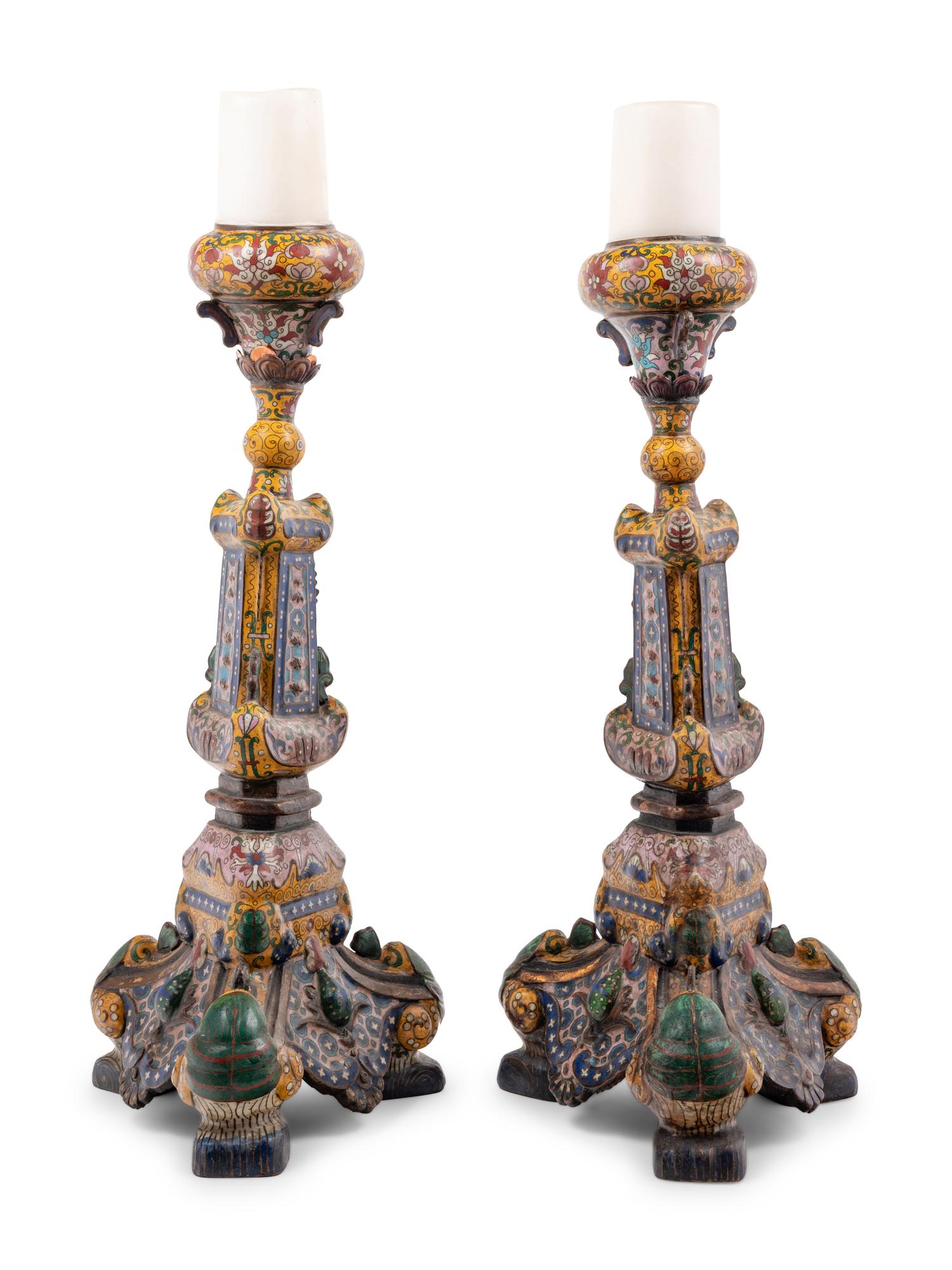 A Pair of Japanese Yellow Ground Cloisonné Candlesticks