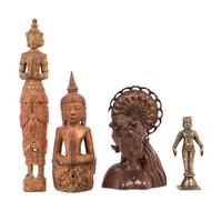 An Indonesian Carved Wood Bust, Two Thai Giltwood Figures and an Indian Brass Figure