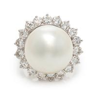 A Platinum, Cultured South Sea Pearl and Diamond Ring,
