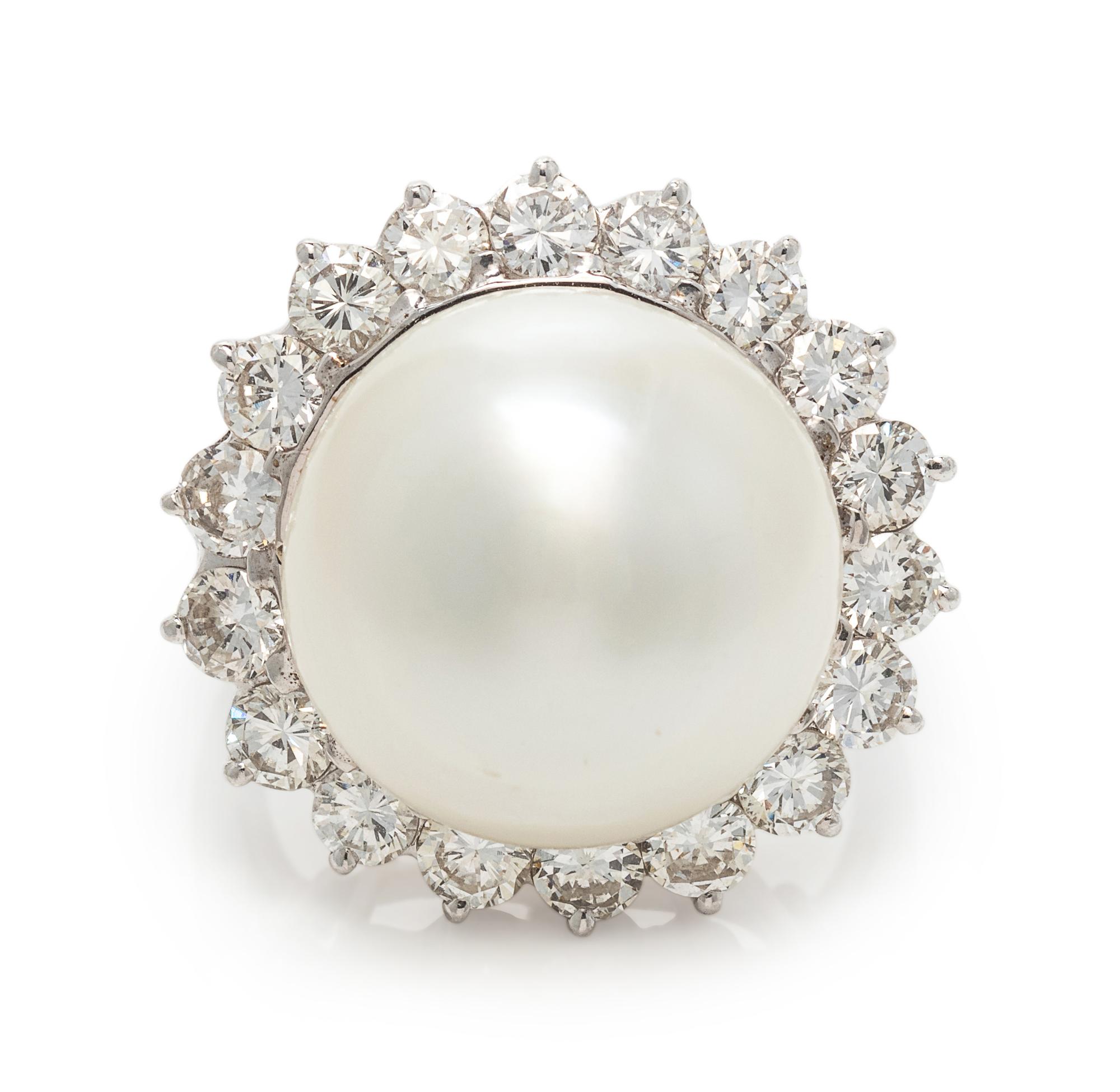 A Platinum, Cultured South Sea Pearl and Diamond Ring,