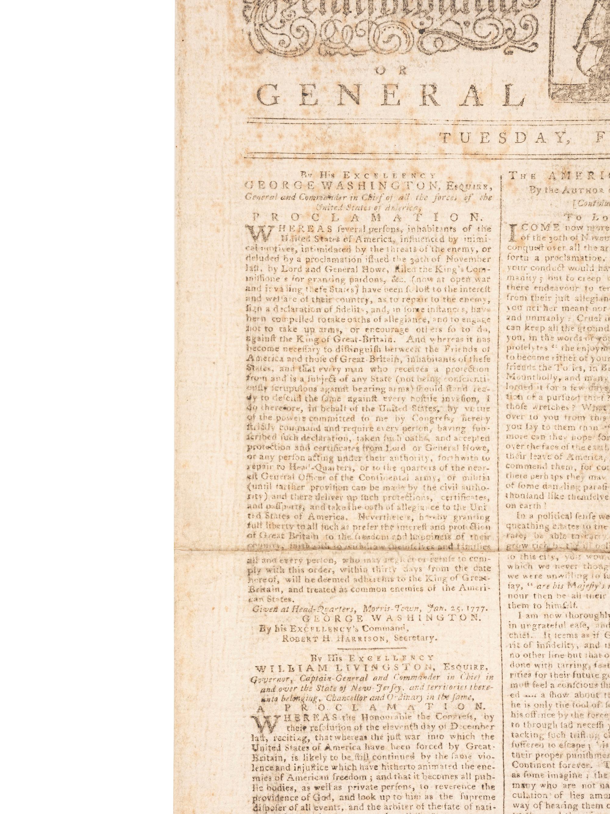 HOWE, Adm. Richard (1726-1799) -- HOWE, Gen. William (1729-1814). "A Proclamation" from Lord Howe offering clemency for the declaration of a loyalty oath. 30 Nov. 1776. [With:] Washington's printed response to the British proclamation. 4 Feb. 1777.