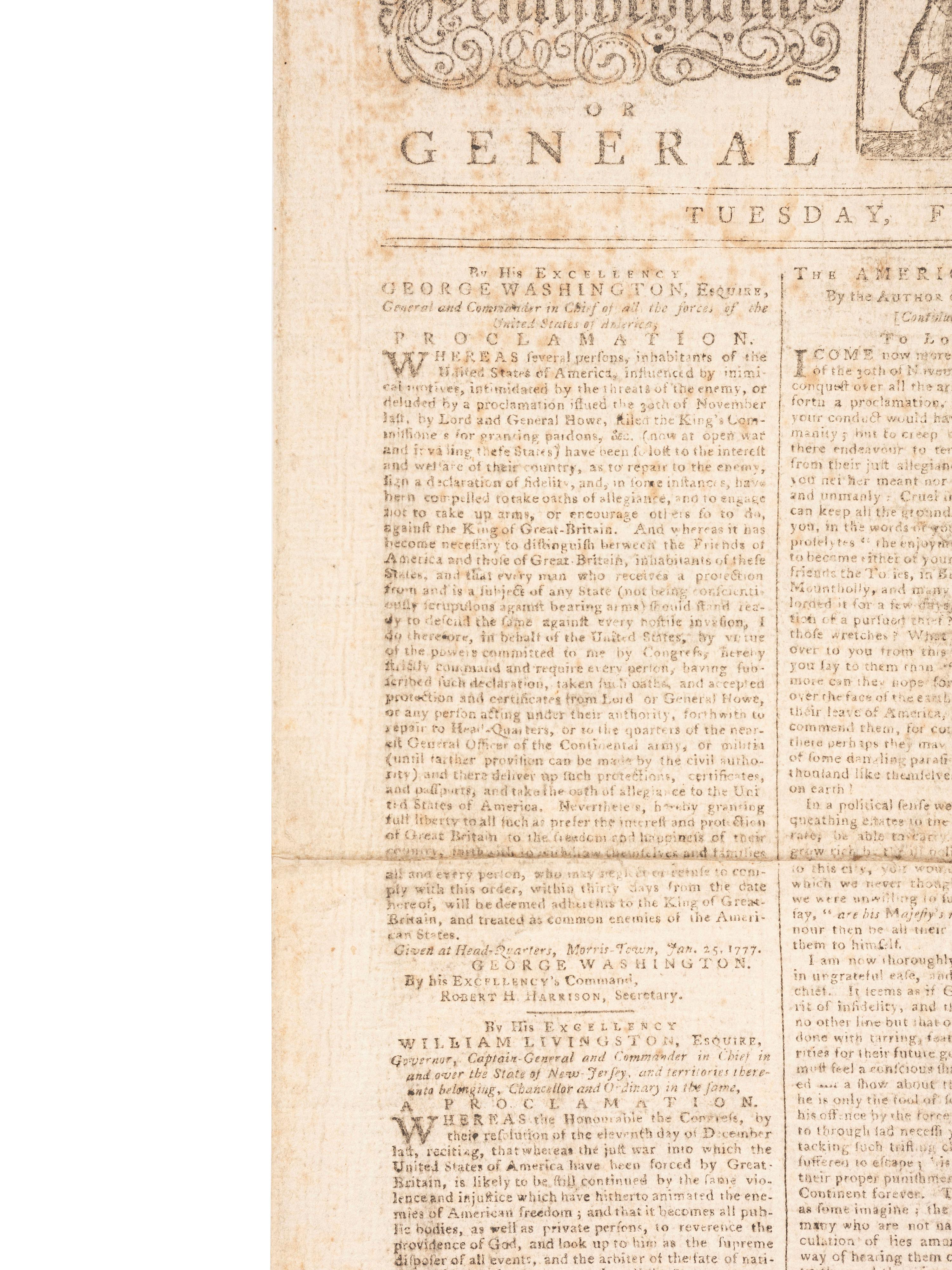 HOWE, Adm. Richard (1726-1799) -- HOWE, Gen. William (1729-1814). "A Proclamation" from Lord Howe offering clemency for the declaration of a loyalty oath. 30 Nov. 1776. [With:] Washington's printed response to the British proclamation. 4 Feb. 1777.