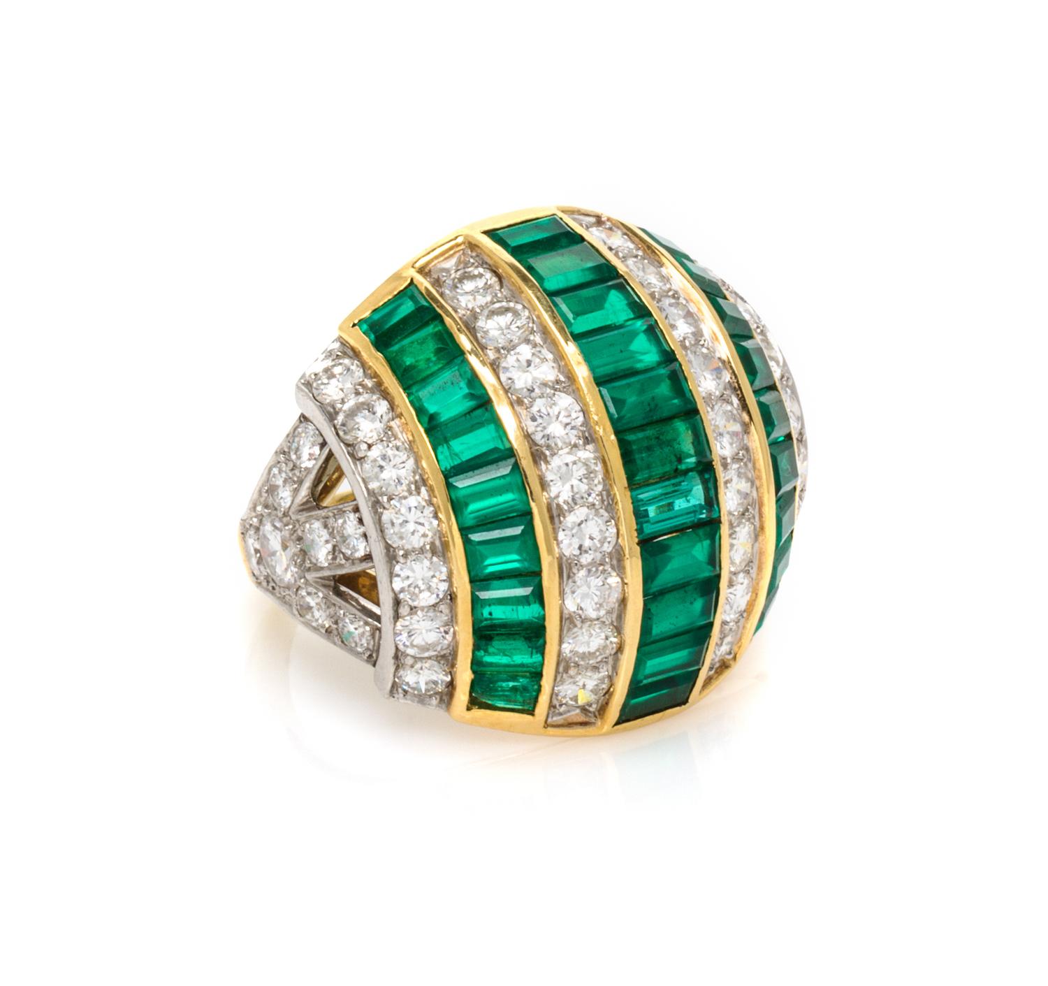 An 18 Karat Yellow Gold, Platinum, Emerald and Diamond Bombe Ring, Ruser, 9.00 dwts.