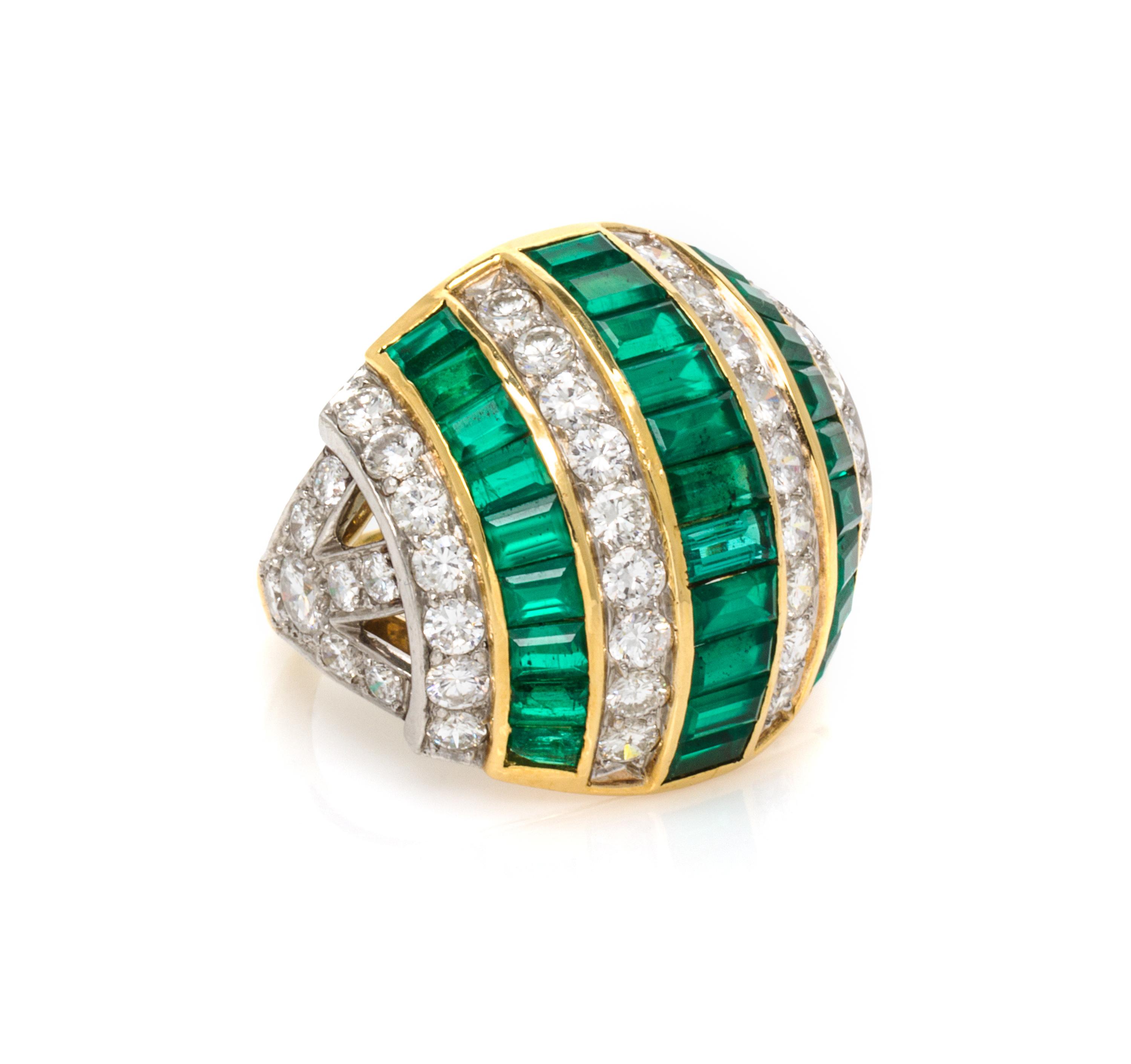 An 18 Karat Yellow Gold, Platinum, Emerald and Diamond Bombe Ring, Ruser, 9.00 dwts.