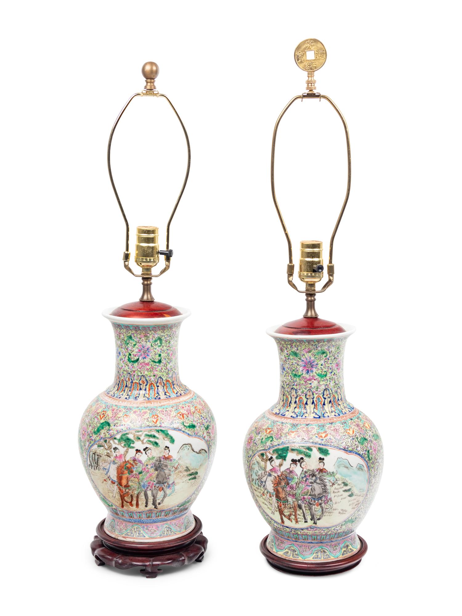 A Pair of Chinese Enameled Porcelain Vases Mounted as Lamps