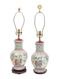 A Pair of Chinese Enameled Porcelain Vases Mounted as Lamps