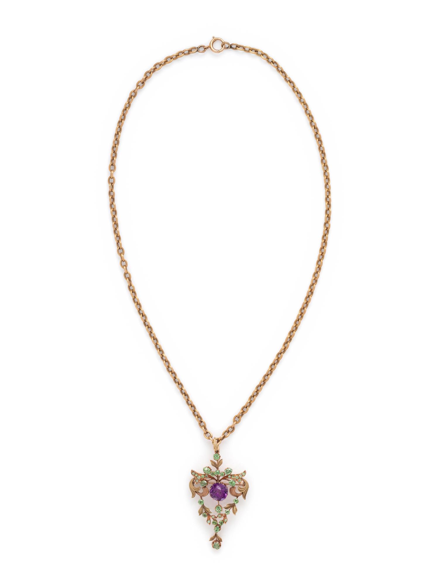 RUSSIAN, ART NOUVEAU, BICOLOR GOLD, AMETHYST AND DEMANTOID GARNET PENDANT/NECKLACE