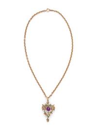 RUSSIAN, ART NOUVEAU, BICOLOR GOLD, AMETHYST AND DEMANTOID GARNET PENDANT/NECKLACE
