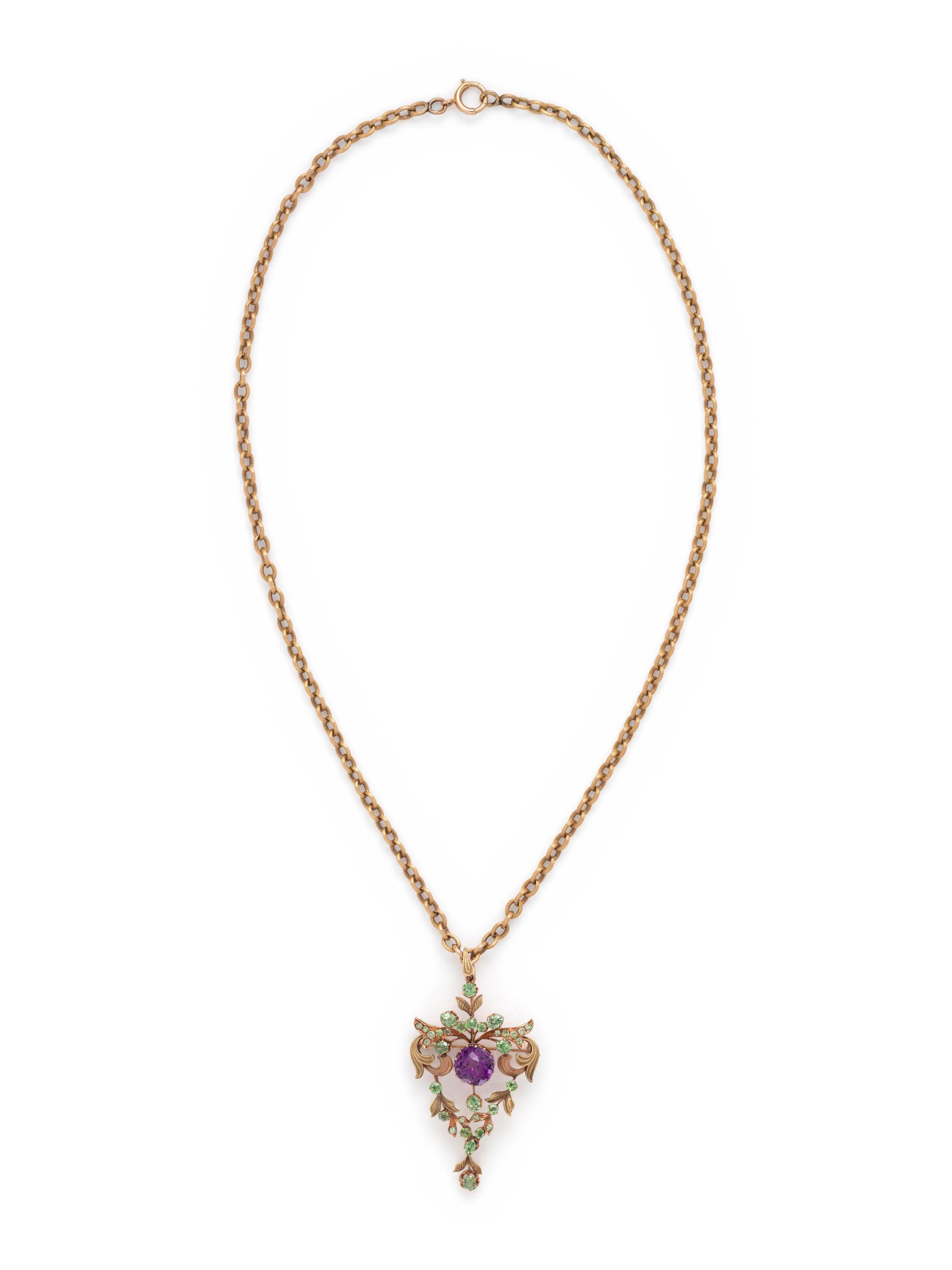 RUSSIAN, ART NOUVEAU, BICOLOR GOLD, AMETHYST AND DEMANTOID GARNET PENDANT/NECKLACE