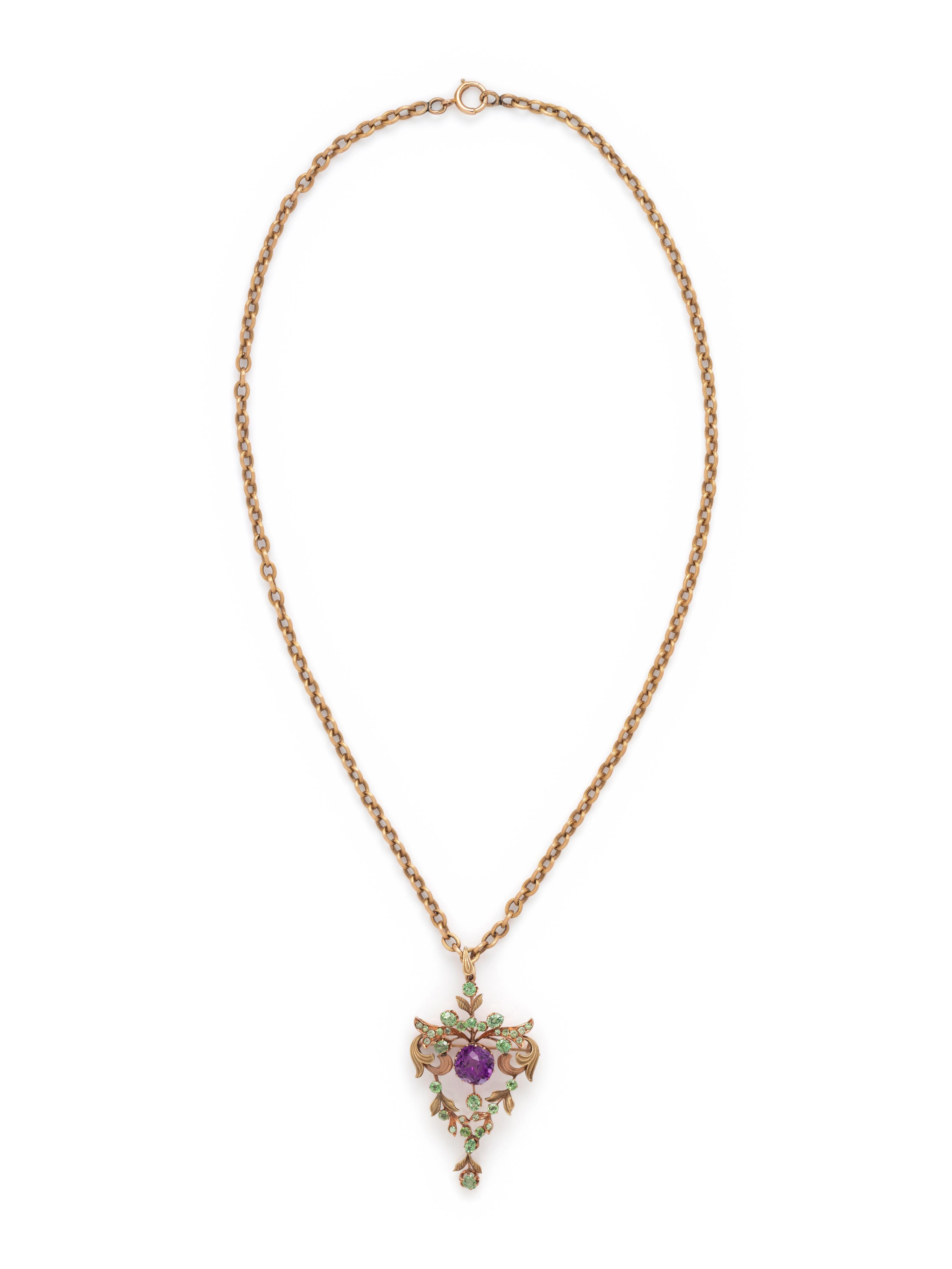 RUSSIAN, ART NOUVEAU, BICOLOR GOLD, AMETHYST AND DEMANTOID GARNET PENDANT/NECKLACE