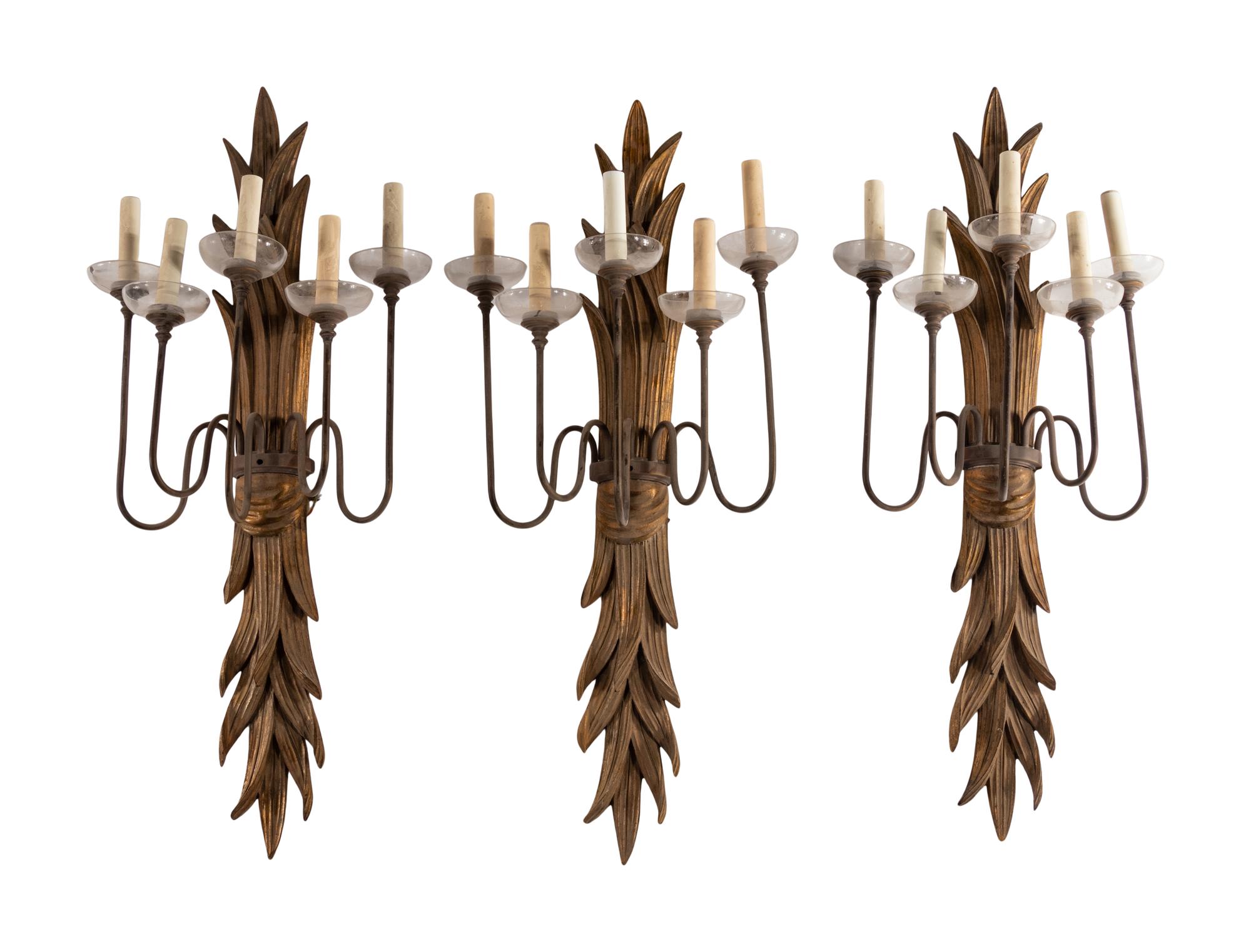 A Set of Six Italian Giltwood Five-Light Sconces