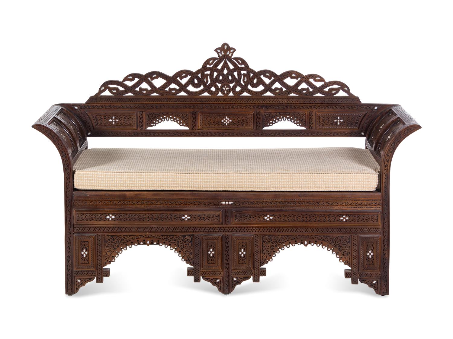 A Syrian Carved and Mother-of-Pearl Inlaid Walnut Settee
