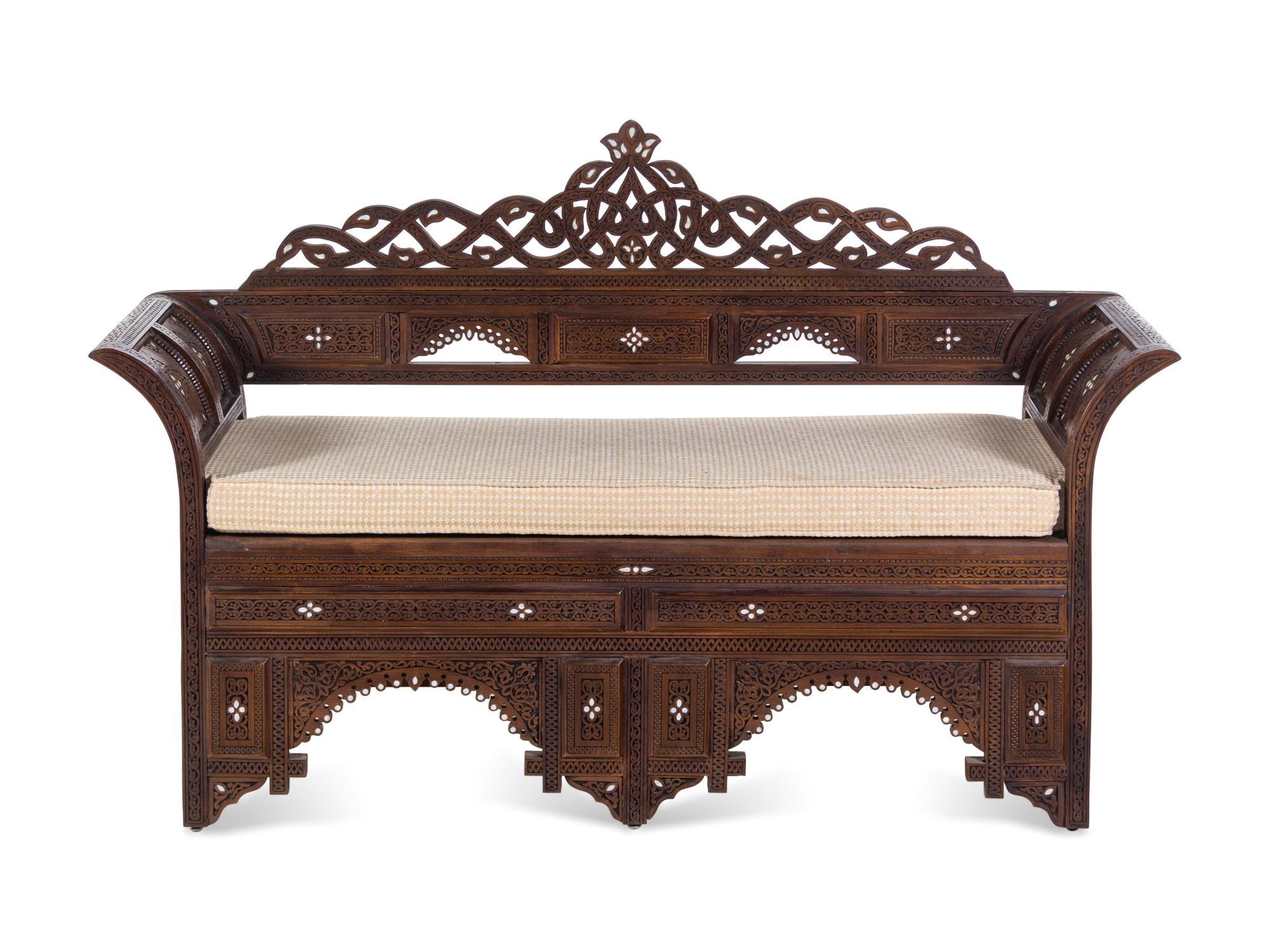 A Syrian Carved and Mother-of-Pearl Inlaid Walnut Settee