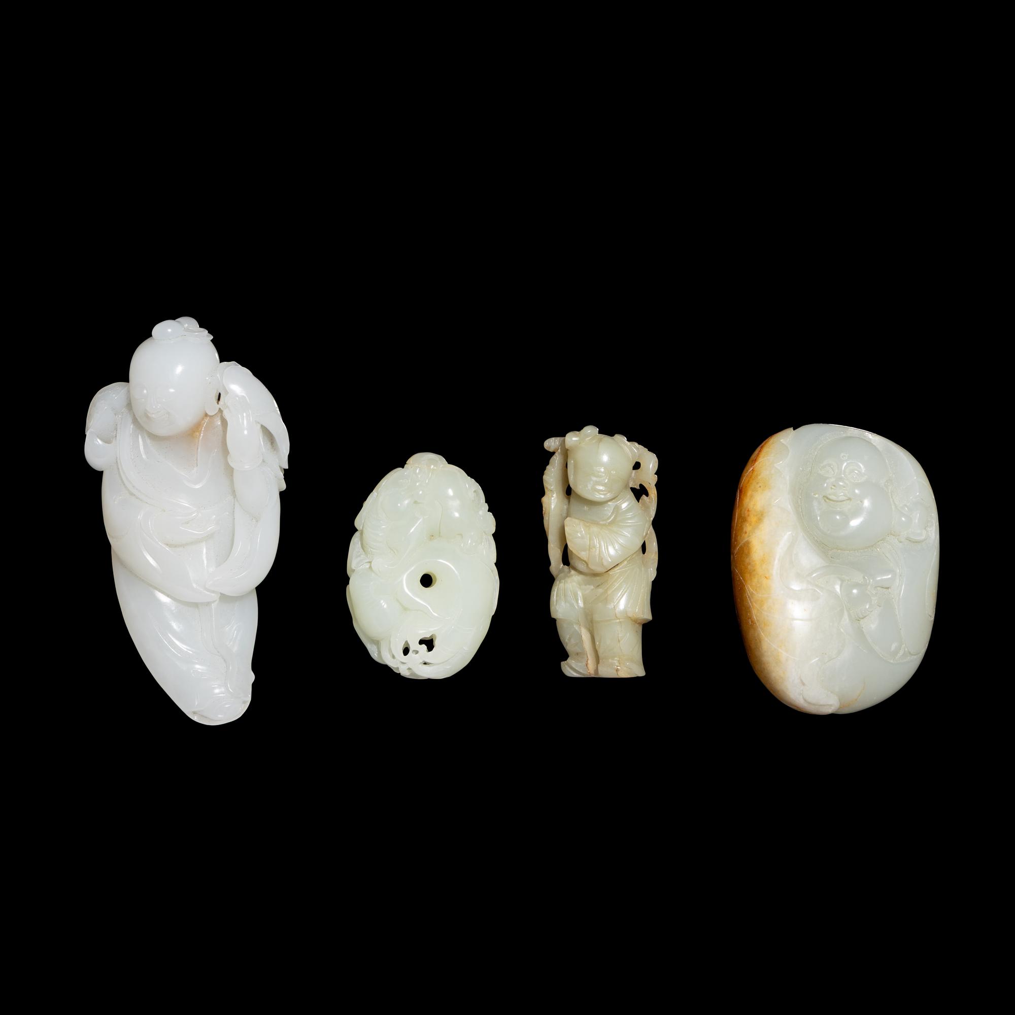 Four Chinese Celadon and White Jade Carvings, 20th Century 近代 青白玉把件四枚