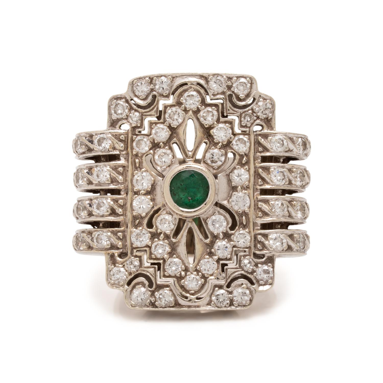 Diamond, Emerald, and White Gold Ring