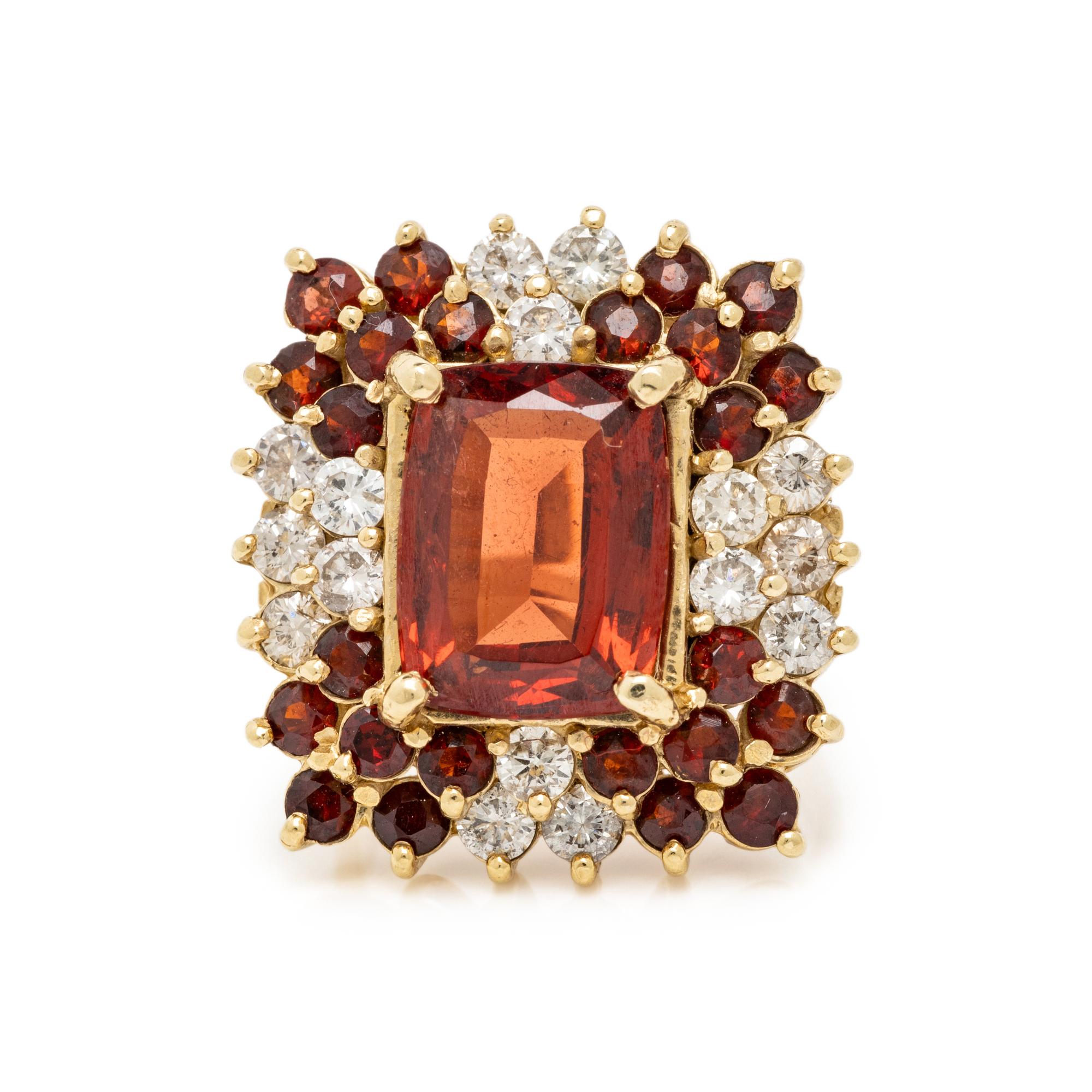 GARNET, DIAMOND, AND YELLOW GOLD RING