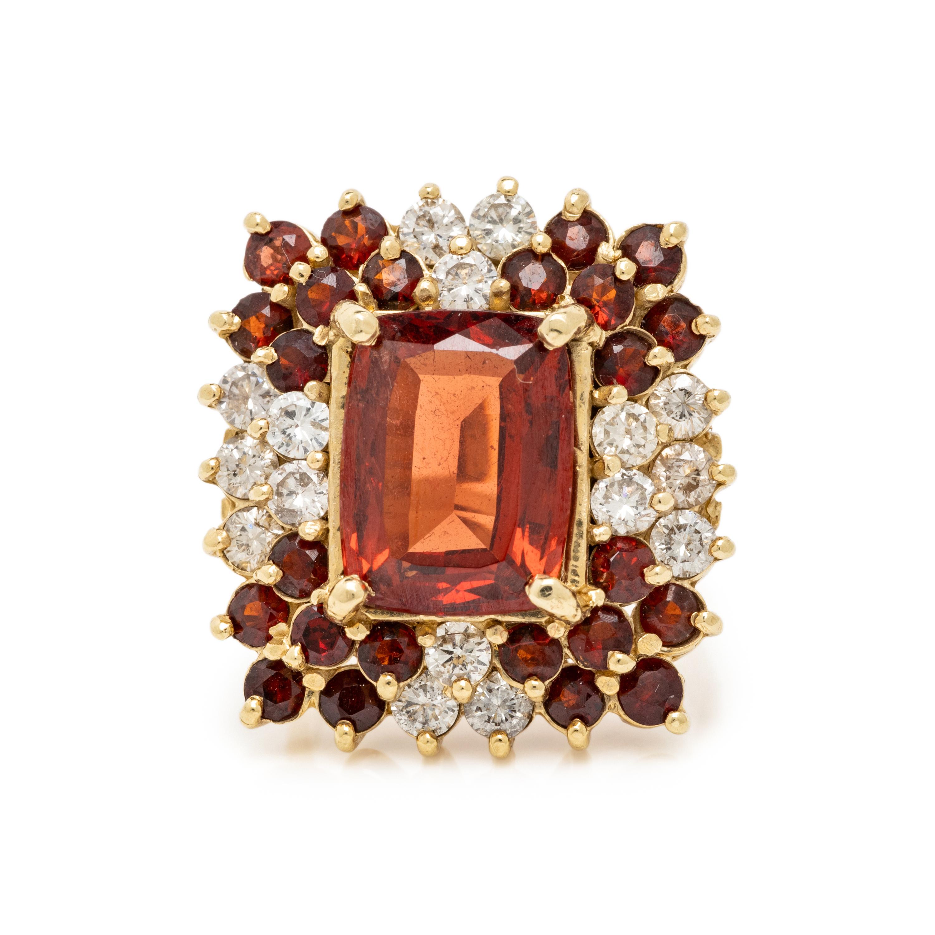 GARNET, DIAMOND, AND YELLOW GOLD RING