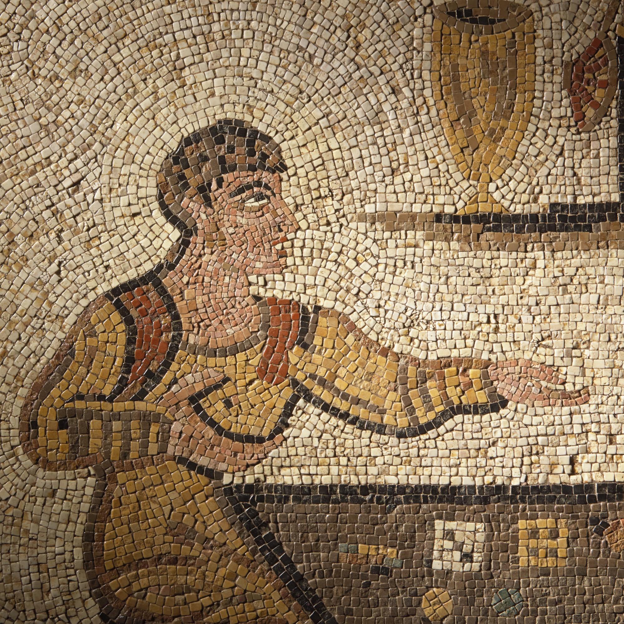A Roman Style Stone Mosaic Panel with Men Playing a Dice Game