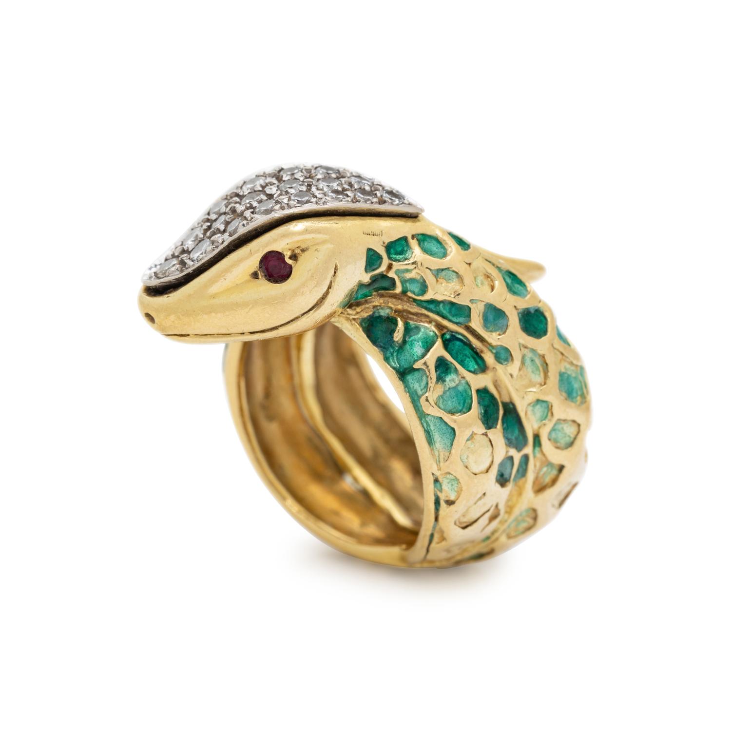 BORIS LEBEAU, ENAMEL, DIAMOND AND RUBY SNAKE RING