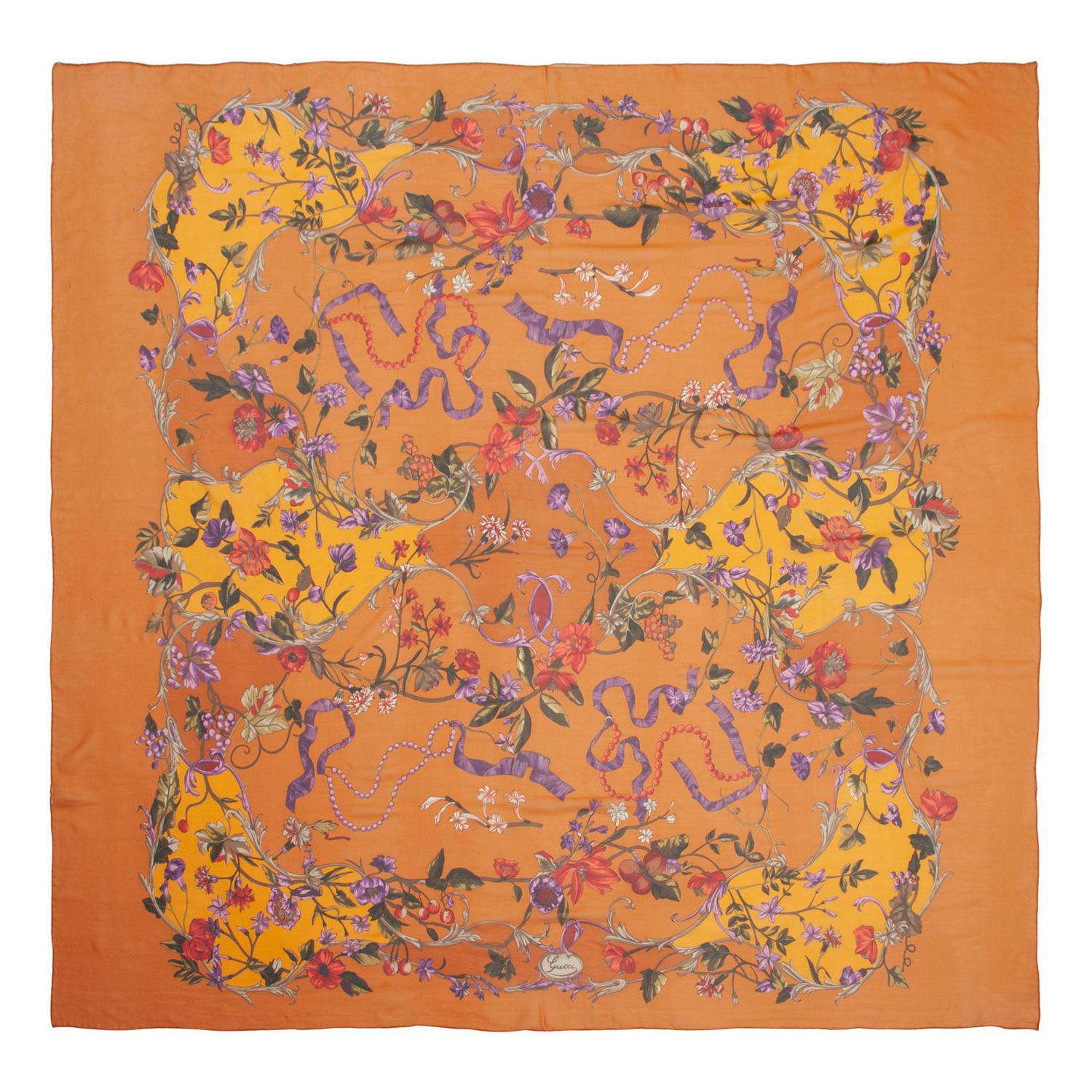 Four Designer Silk Scarves Including Lalique, Gucci, and YSL
