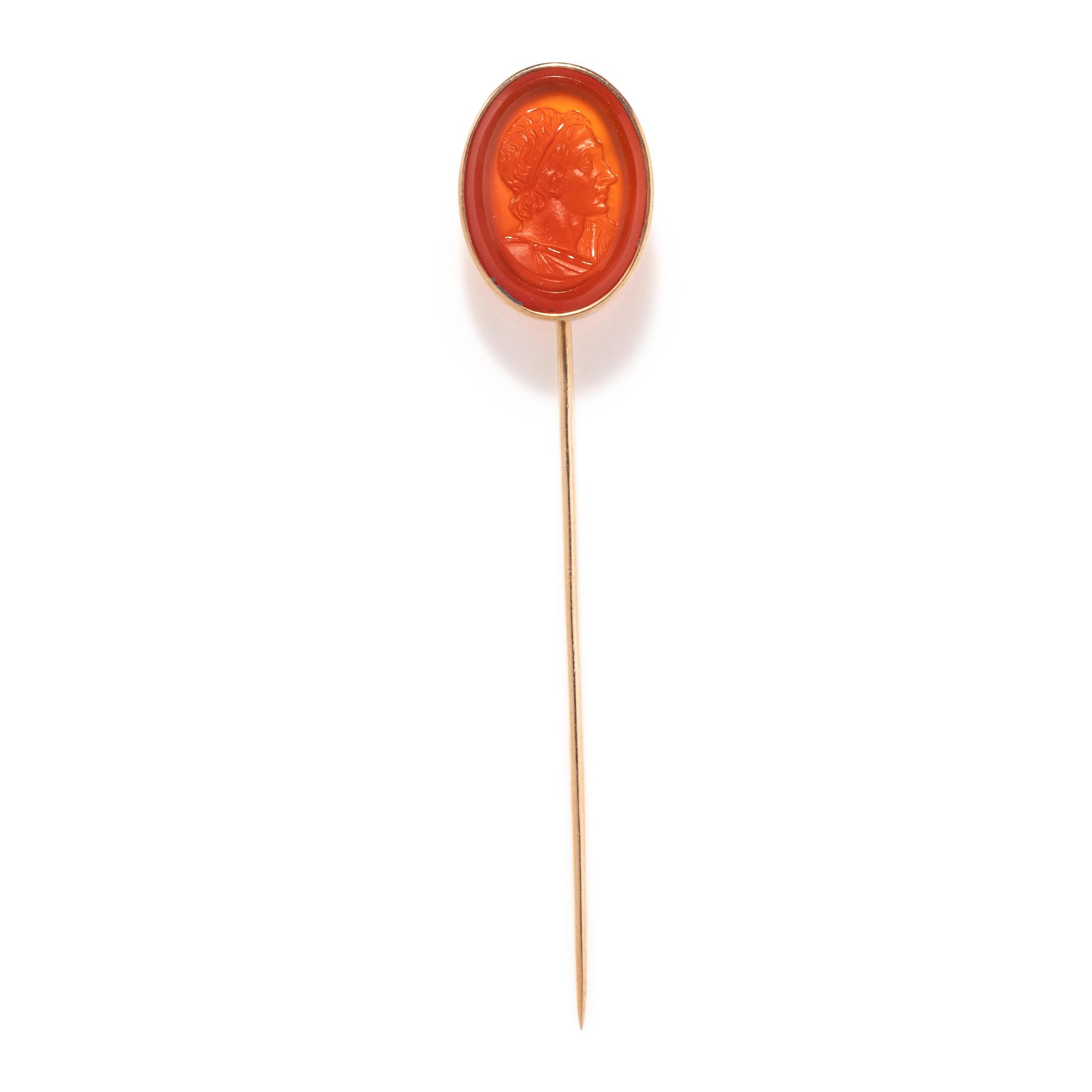 A Neoclassical Gold and Carnelian Stickpin with a Male Portrait Bust